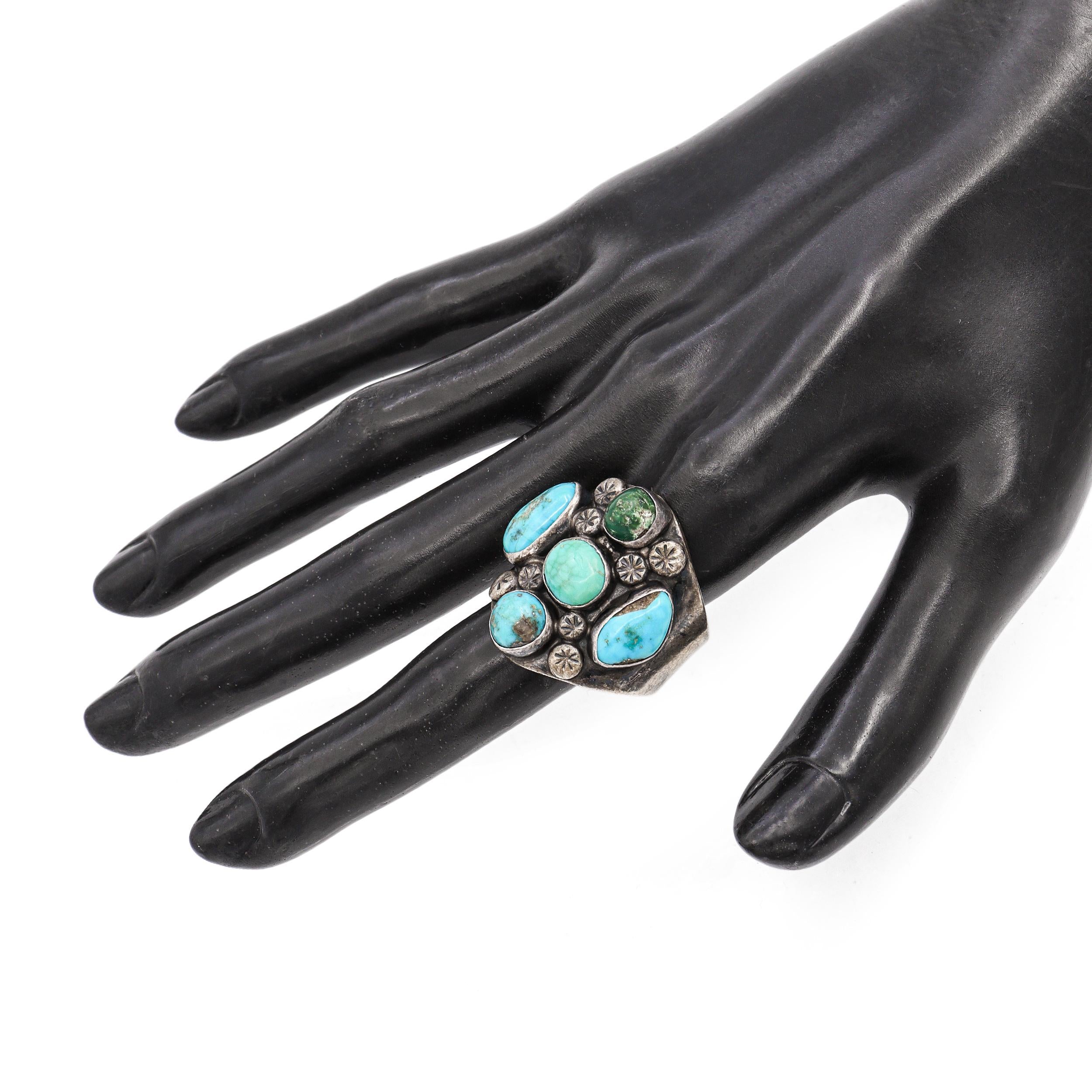 Vintage Navajo Sterling Silver Multi-Stone Turquoise Cluster Ring
