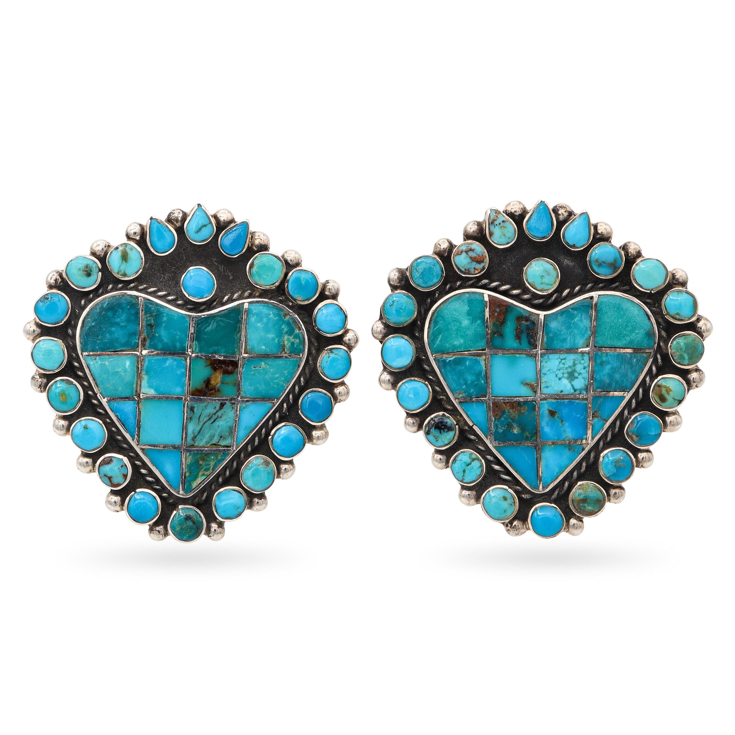 Federico Jimenez Southwestern Sterling Silver Turquoise Heart Clip On Earrings