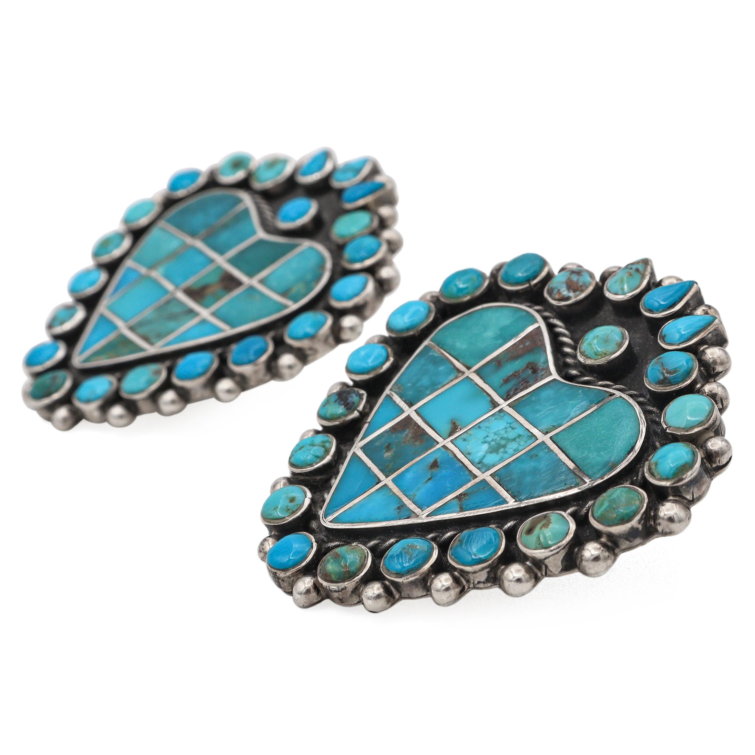 Federico Jimenez Southwestern Sterling Silver Turquoise Heart Clip On Earrings