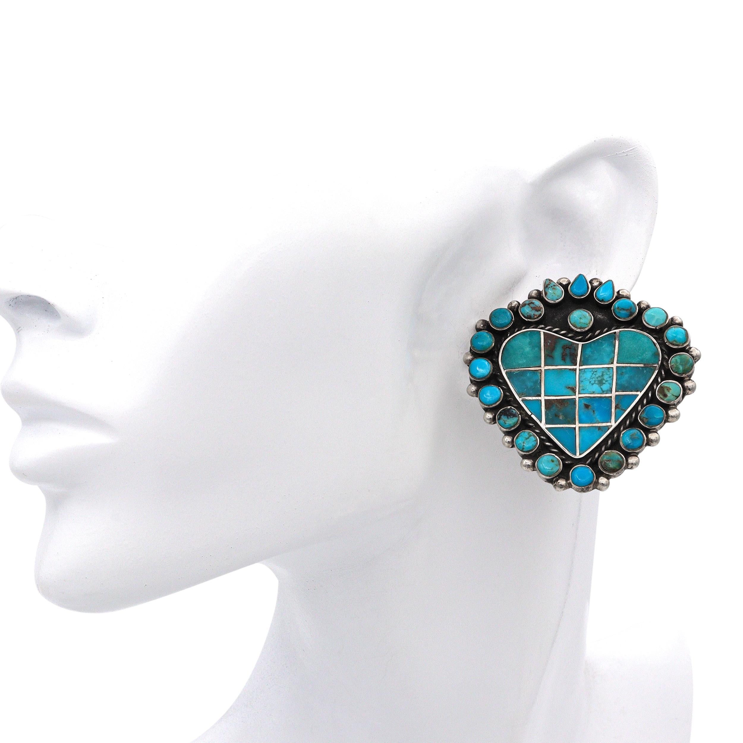 Federico Jimenez Southwestern Sterling Silver Turquoise Heart Clip On Earrings