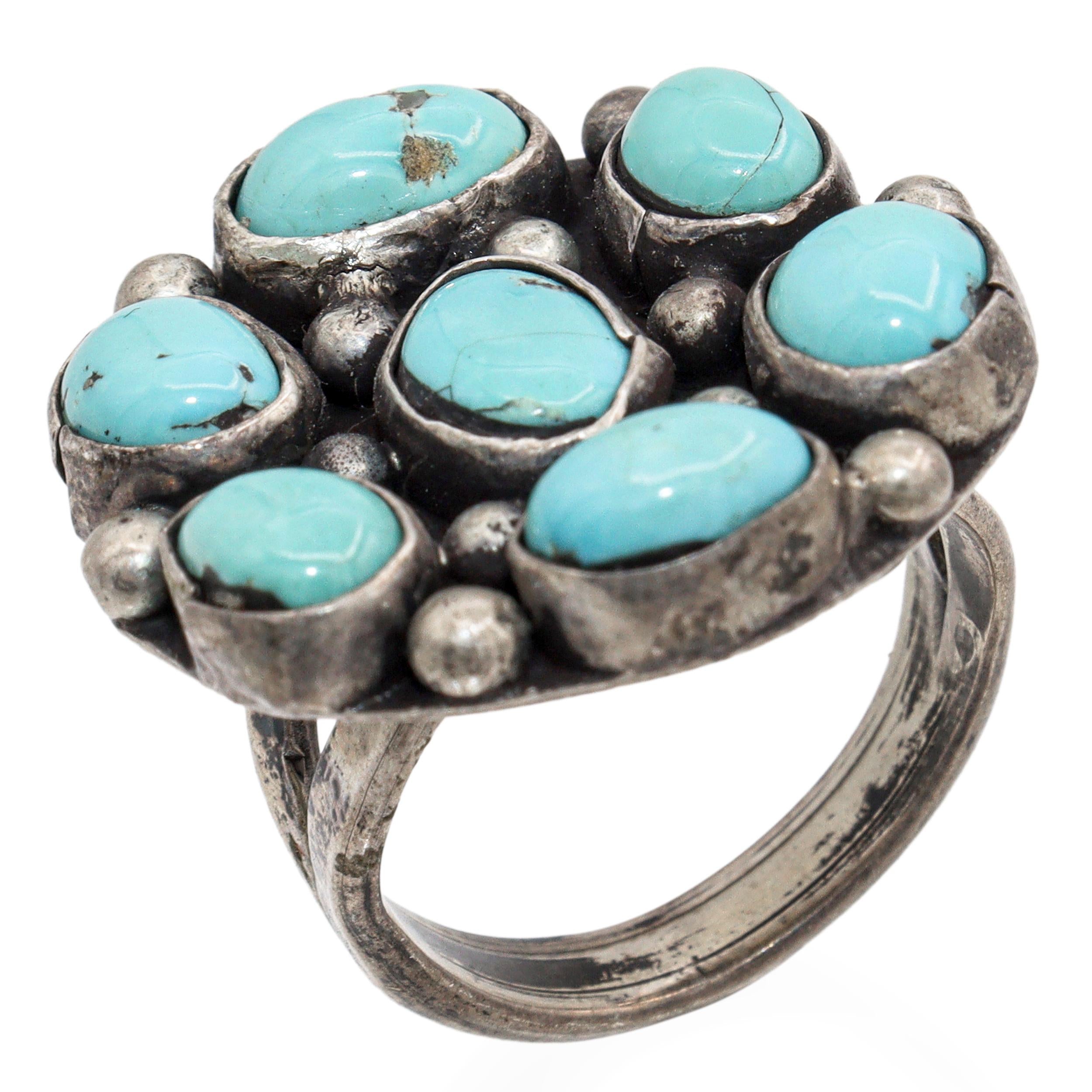 Vintage Navajo Sterling Silver Turquoise Cluster Ring