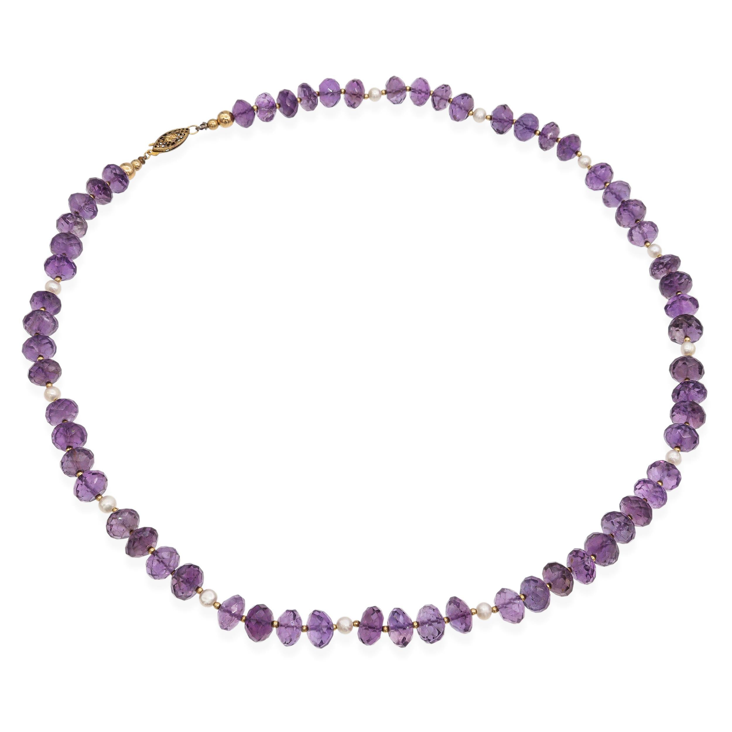 Vintage Amethyst Faceted Bead and Pearl Beaded Strand Necklace