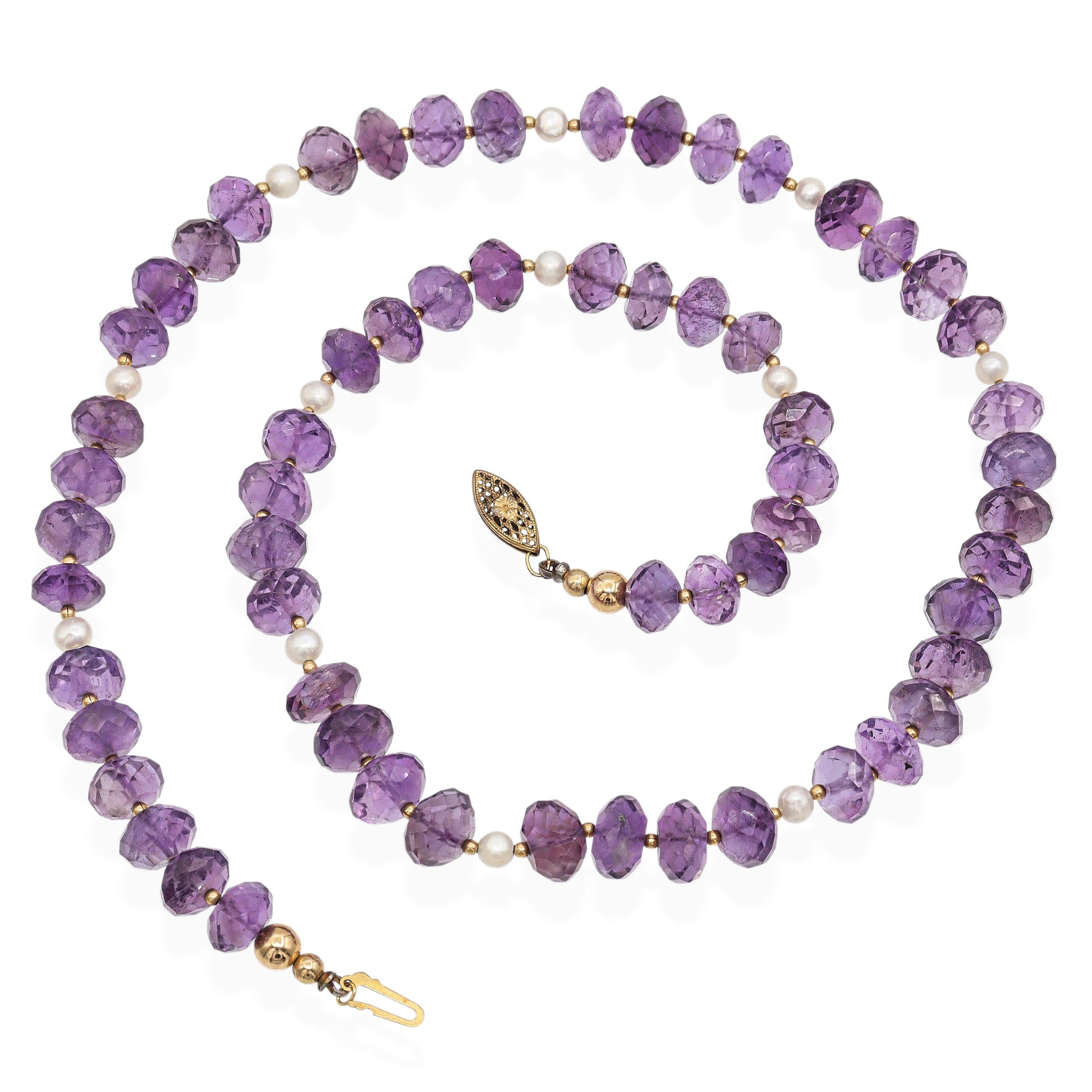 Vintage Amethyst Faceted Bead and Pearl Beaded Strand Necklace