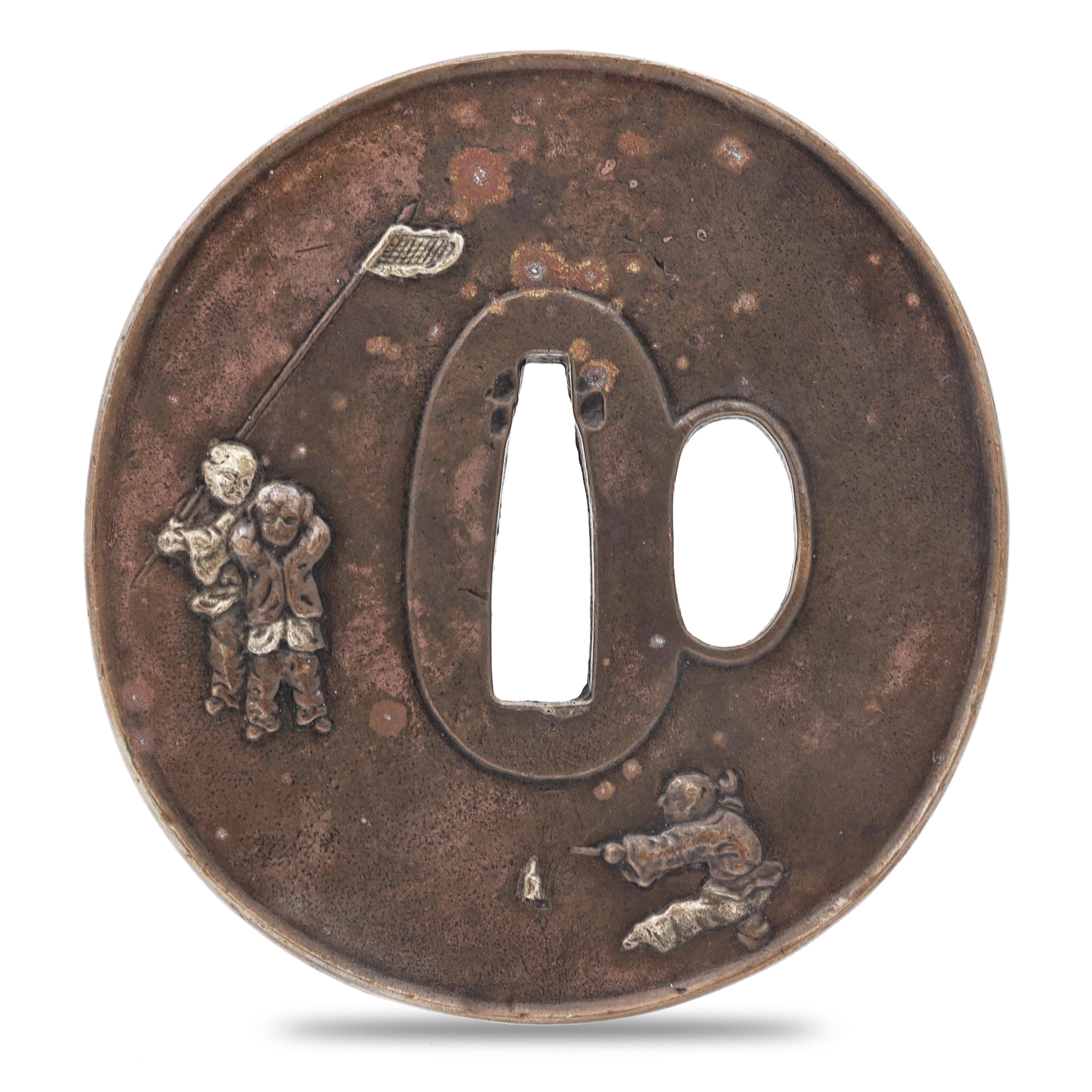 Antique Sword Guard Tsuba Brass Children At Play