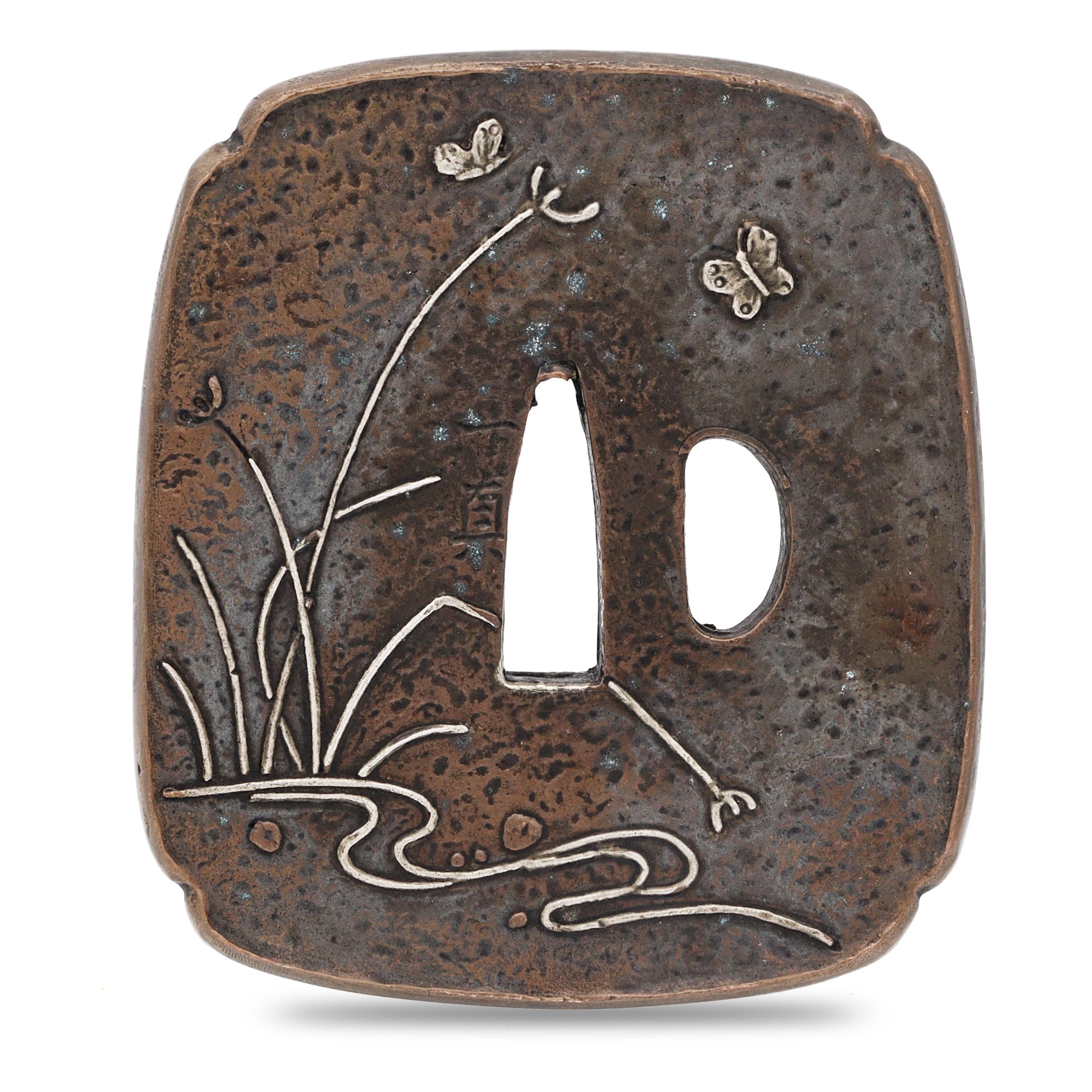Sword Guard Tsuba Brass Heron On A Pond