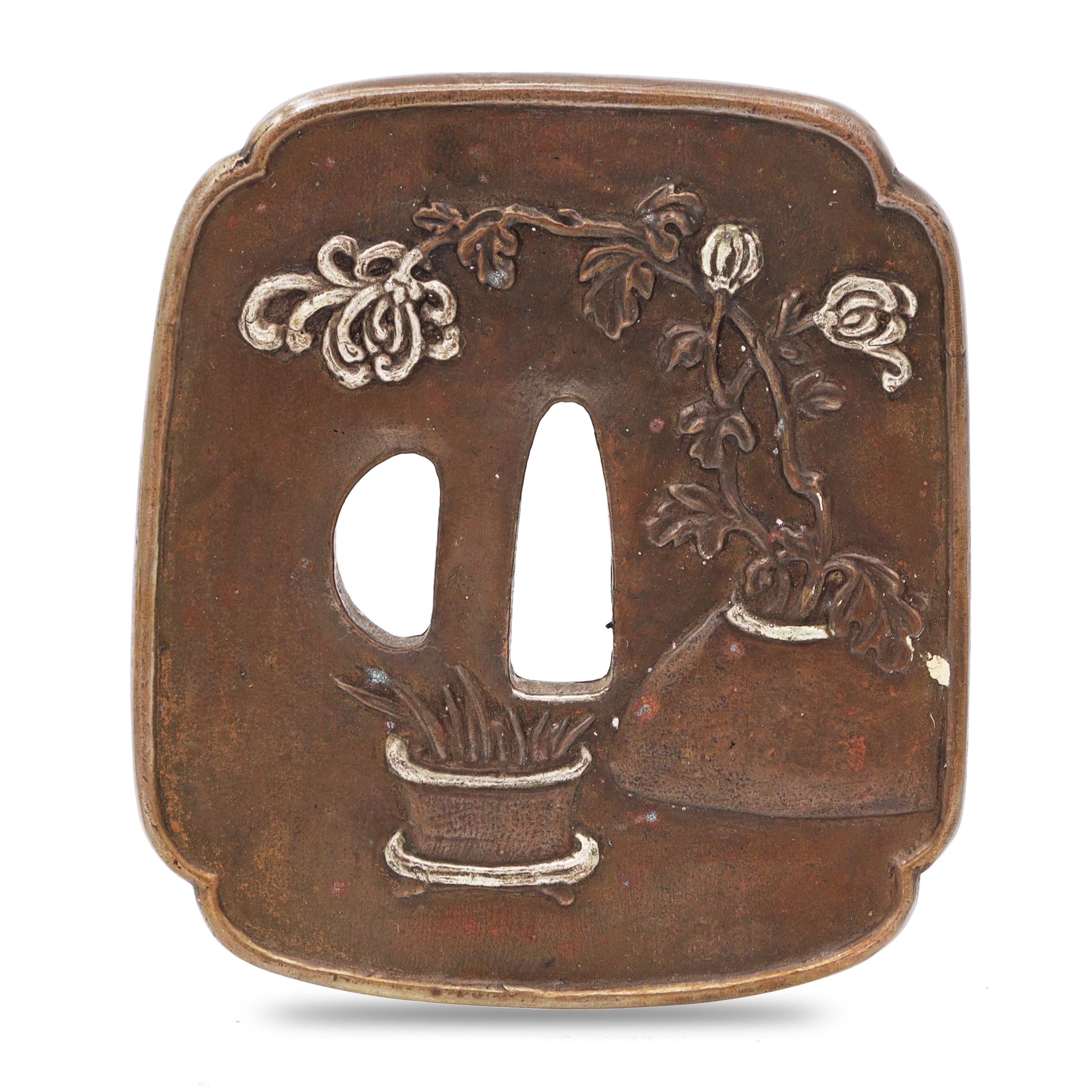 Sword Guard Tsuba Brass Floral Arrangement Potted Plants