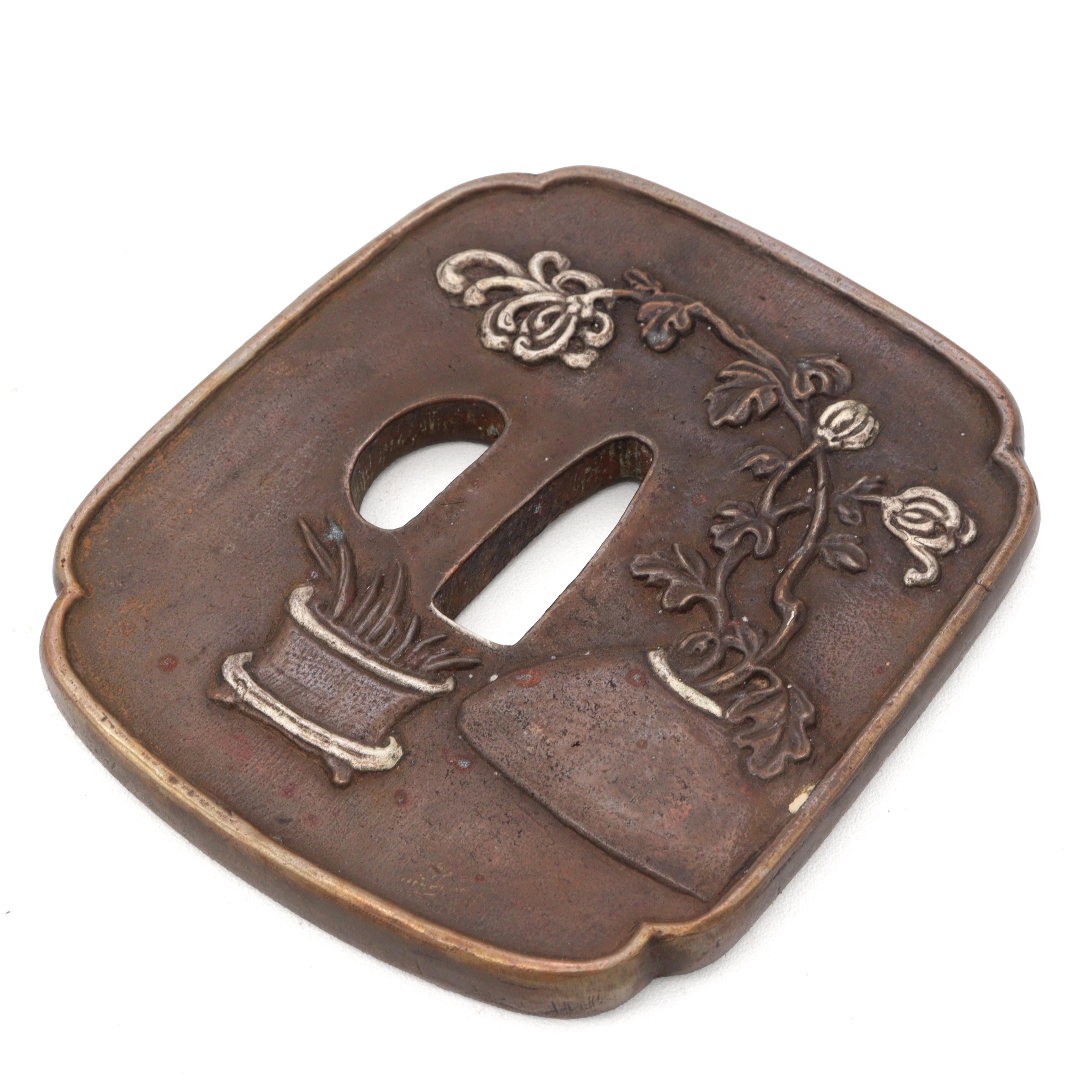 Sword Guard Tsuba Brass Floral Arrangement Potted Plants
