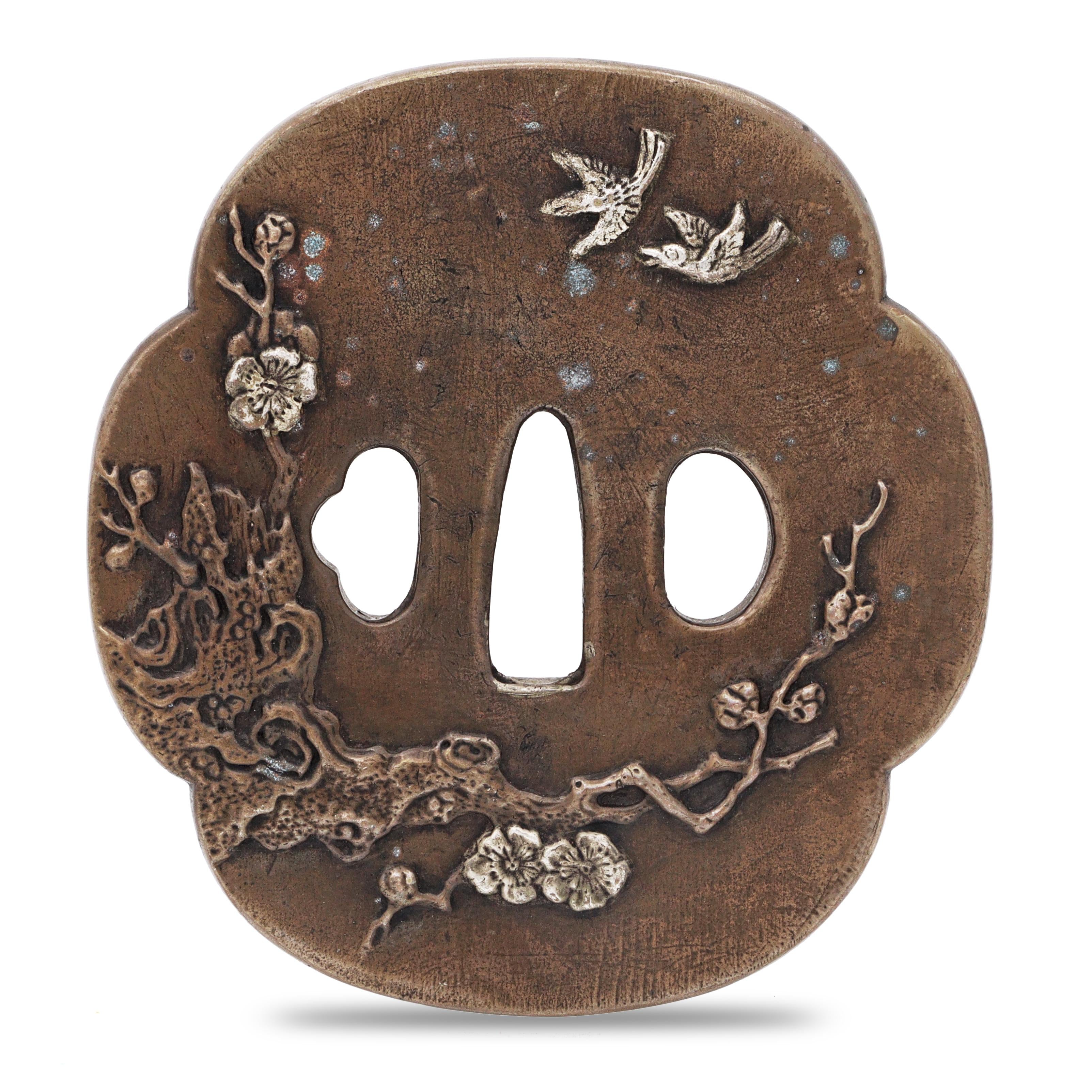 Sword Guard Tsuba Brass Cherry Blossom and Birds
