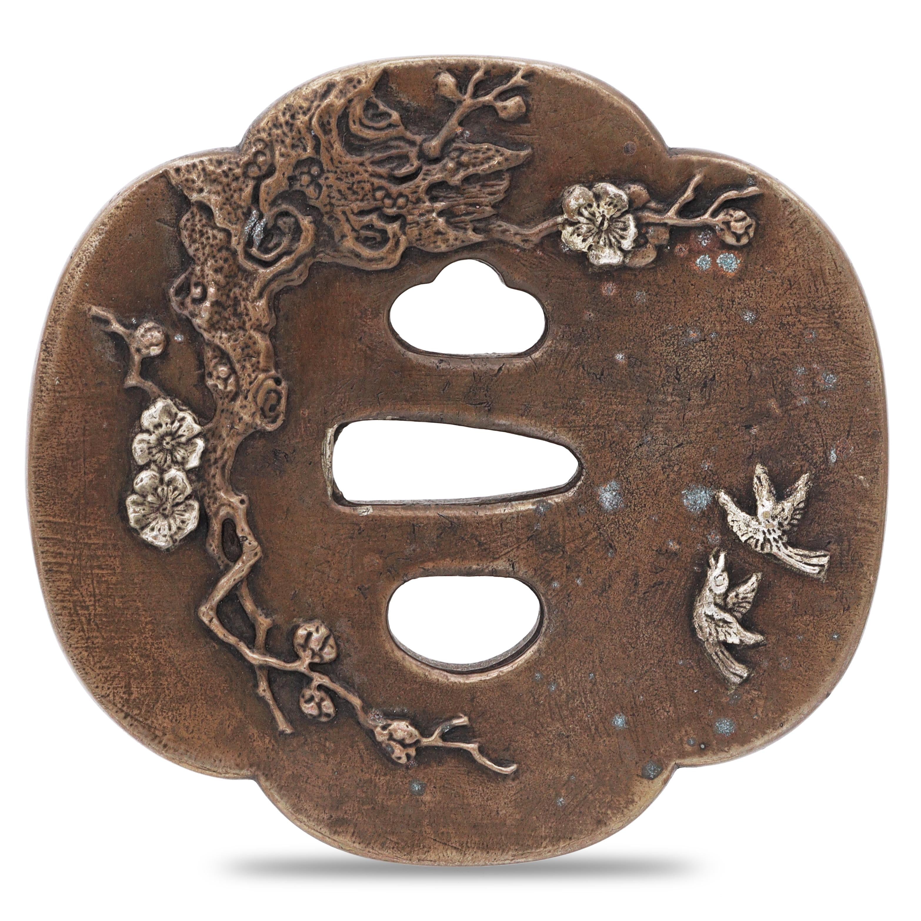 Sword Guard Tsuba Brass Cherry Blossom and Birds
