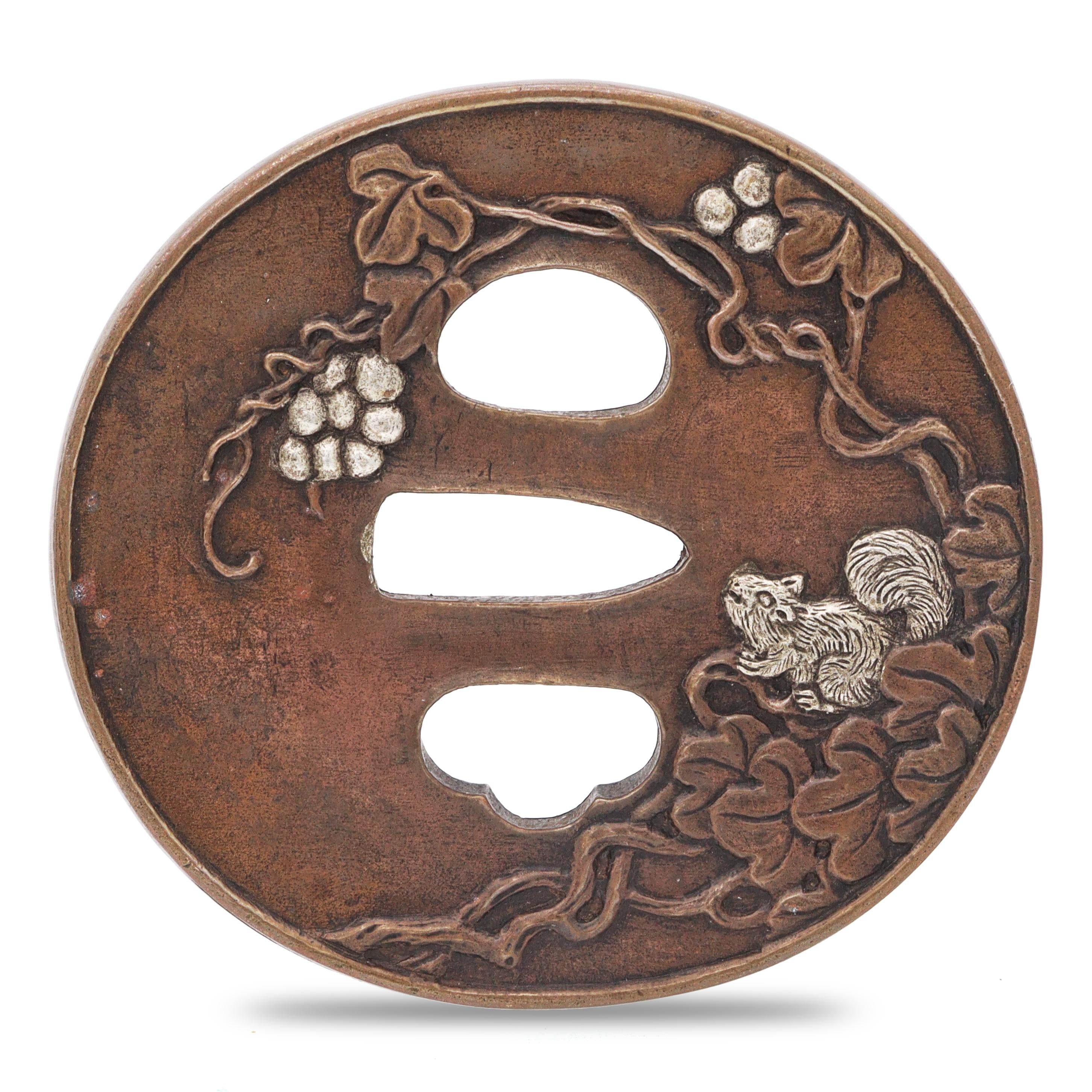 Sword Guard Tsuba Brass Squirrel Pine Tree