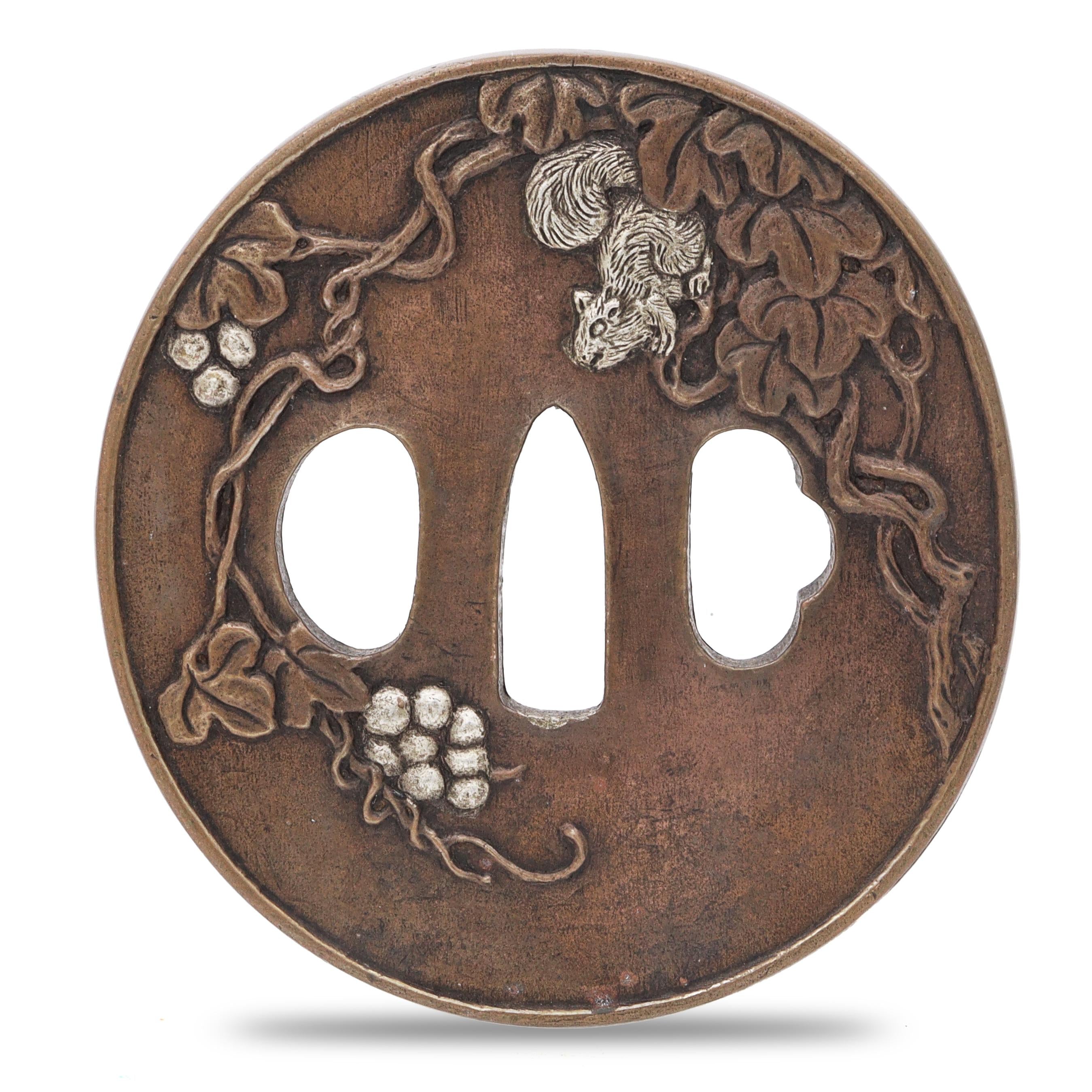 Sword Guard Tsuba Brass Squirrel Pine Tree