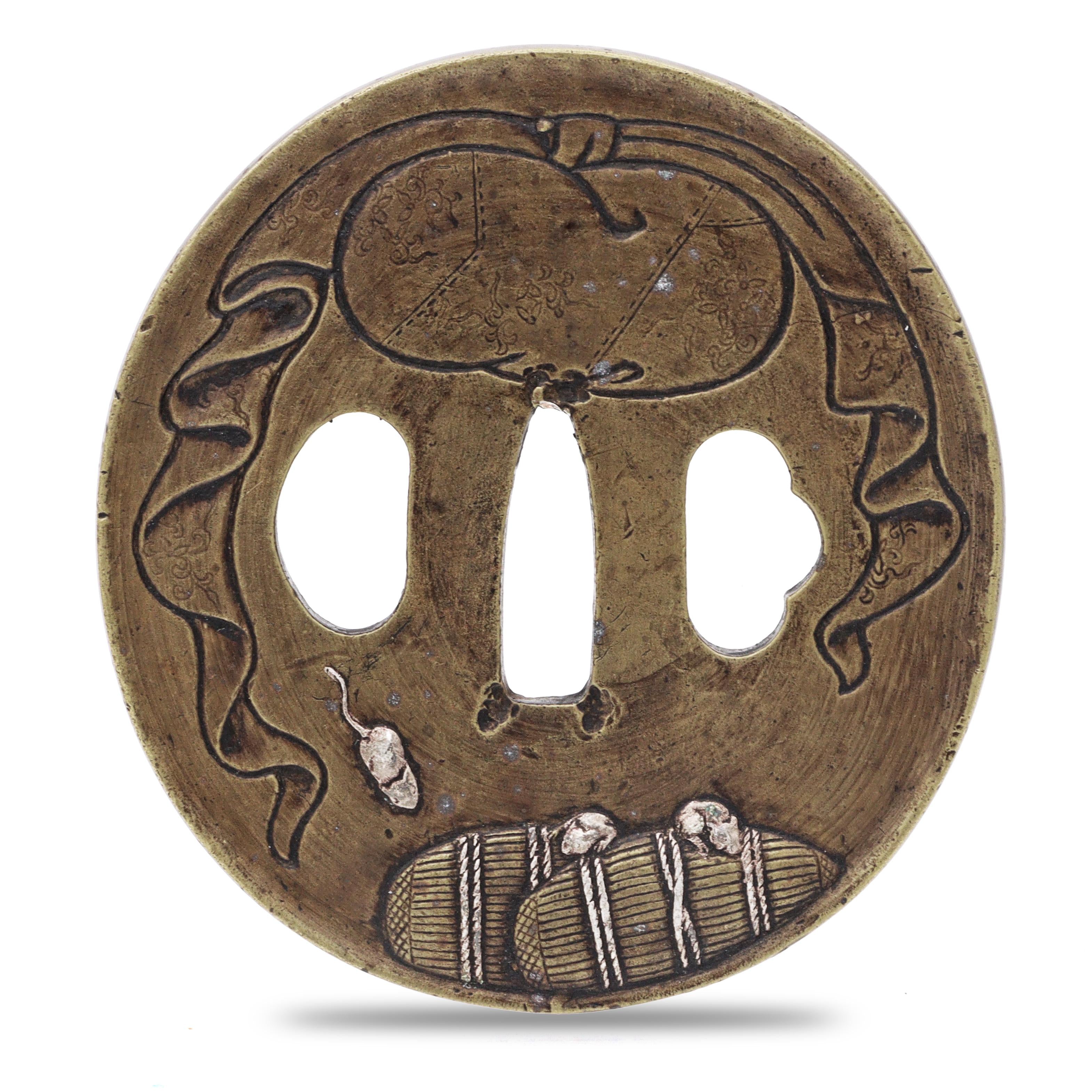 Sword Guard Tsuba Brass Cloth Bound Bundle Mice