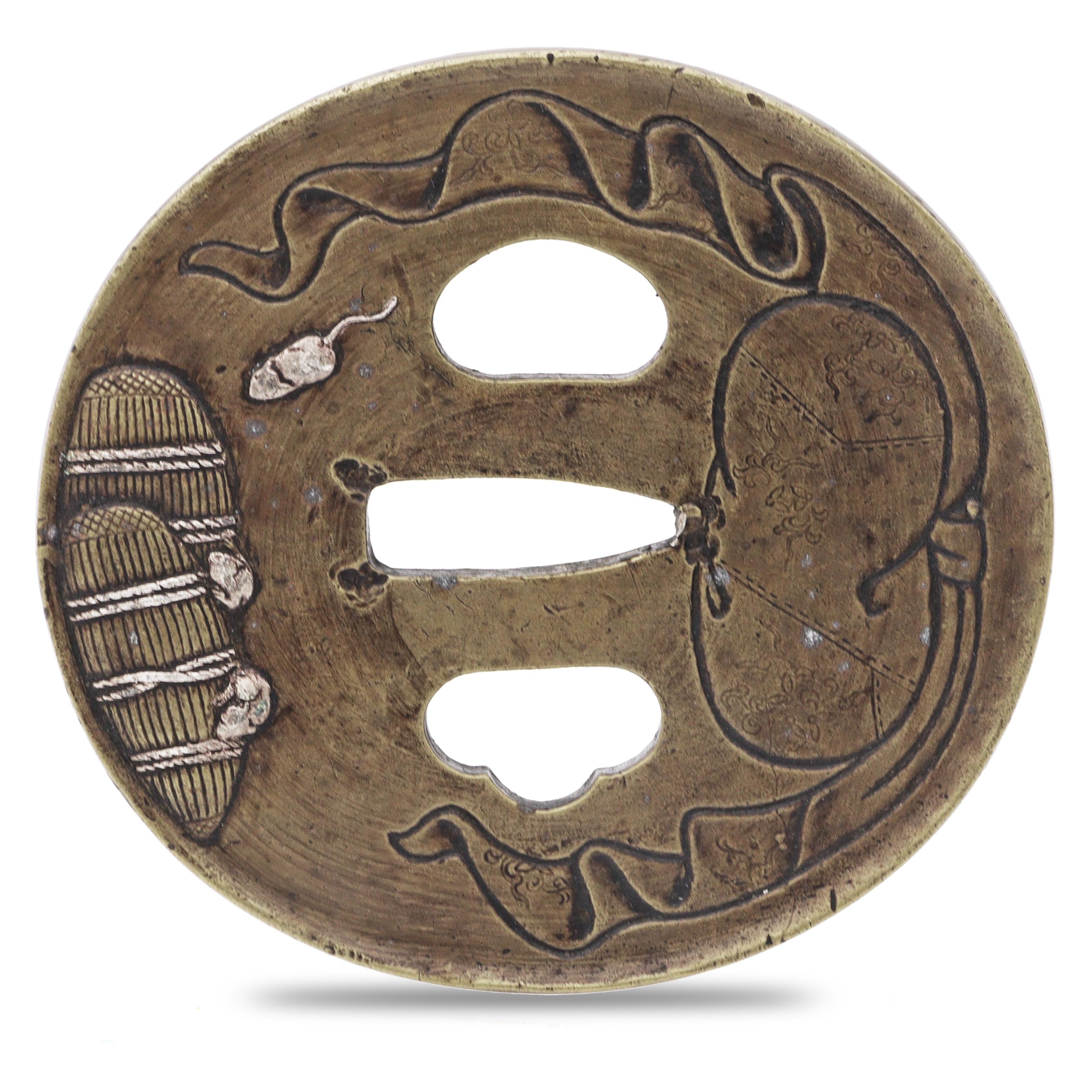 Sword Guard Tsuba Brass Cloth Bound Bundle Mice