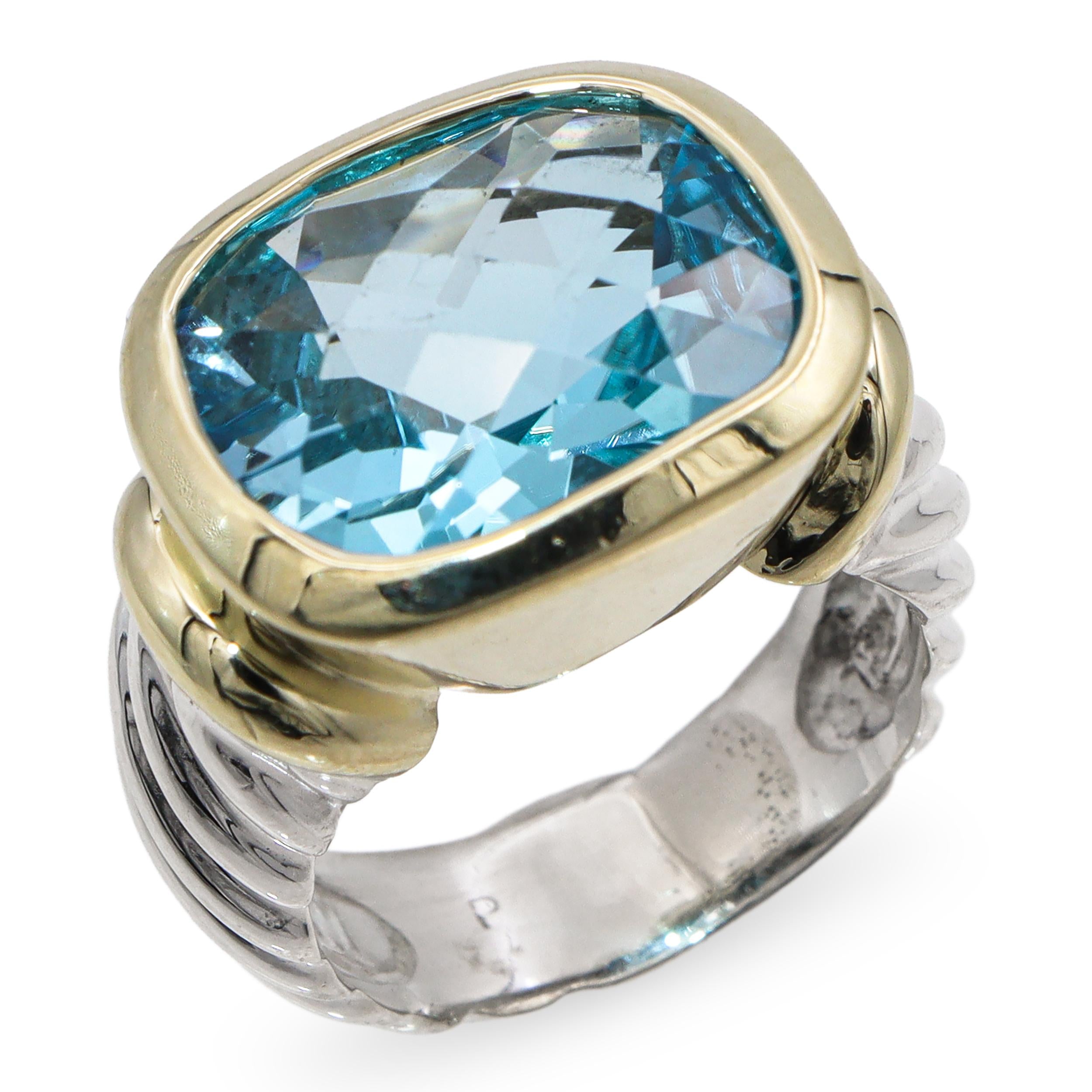 David Yurman Sterling Silver & 14k Yellow Gold Blue Topaz Albion Ring