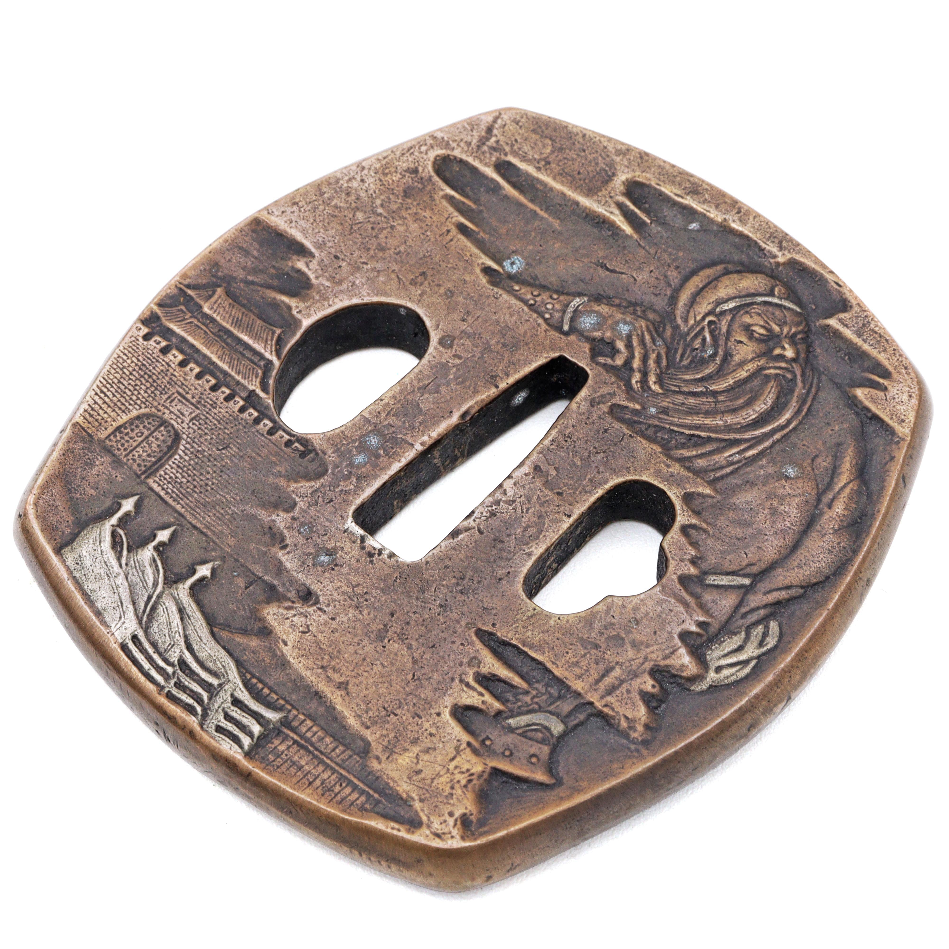 Sword Guard Tsuba Brass Guan Gong Fortress