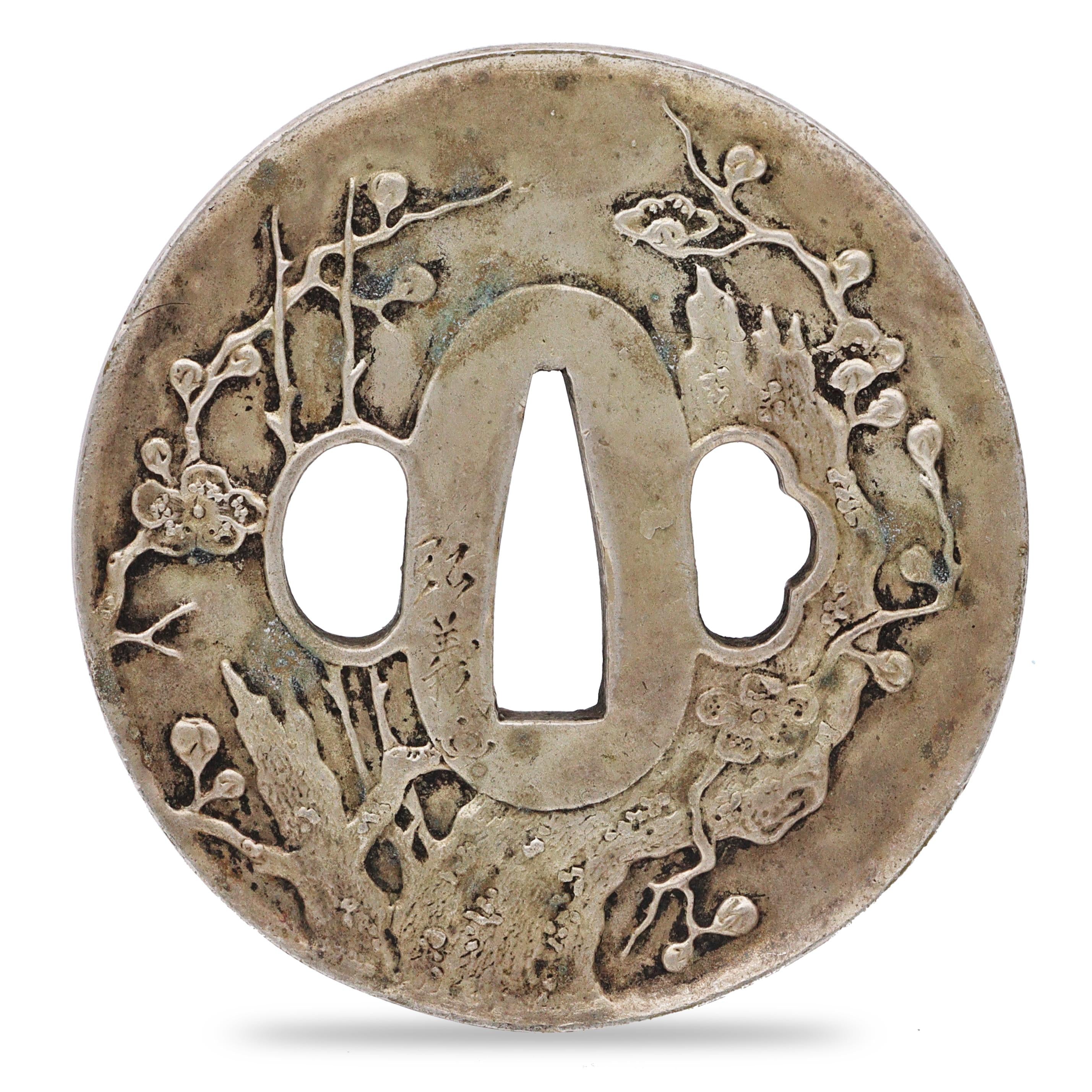 Sword Guard Tsuba Copper Zinc Silver Blossoming Plum Branches
