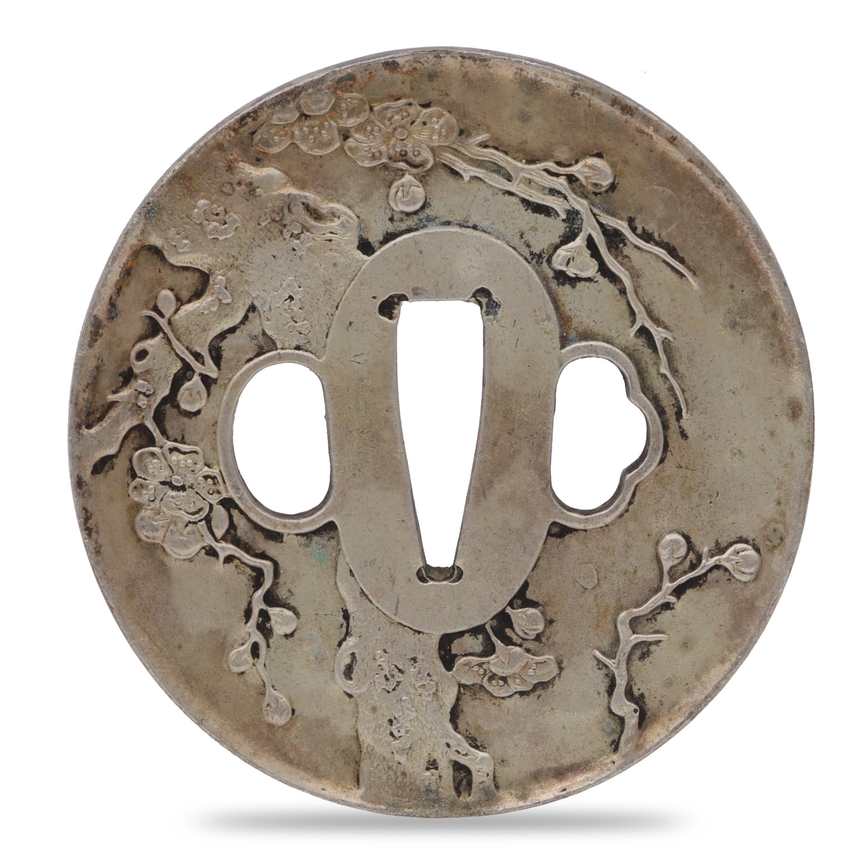 Sword Guard Tsuba Copper Zinc Silver Blossoming Plum Branches