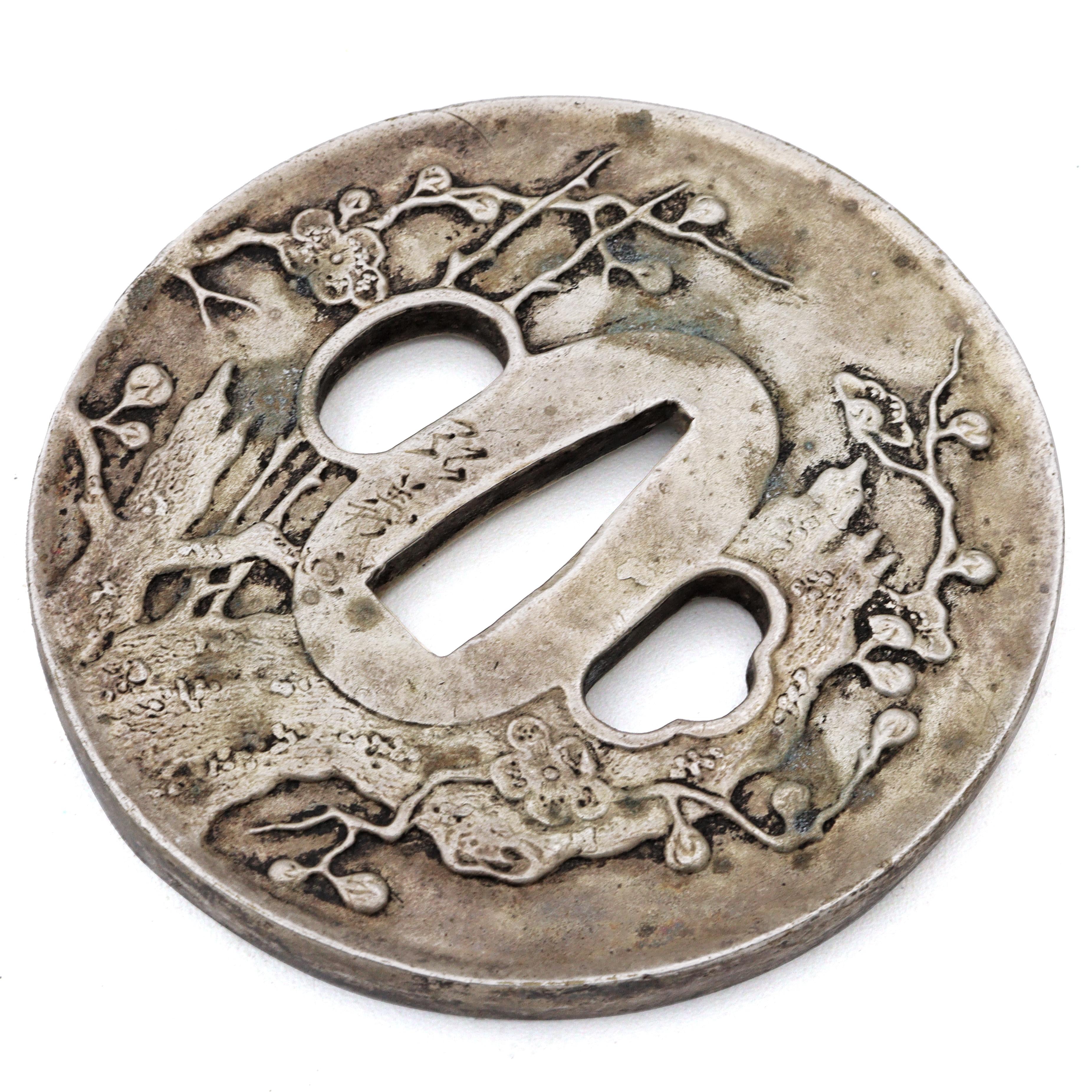 Sword Guard Tsuba Copper Zinc Silver Blossoming Plum Branches