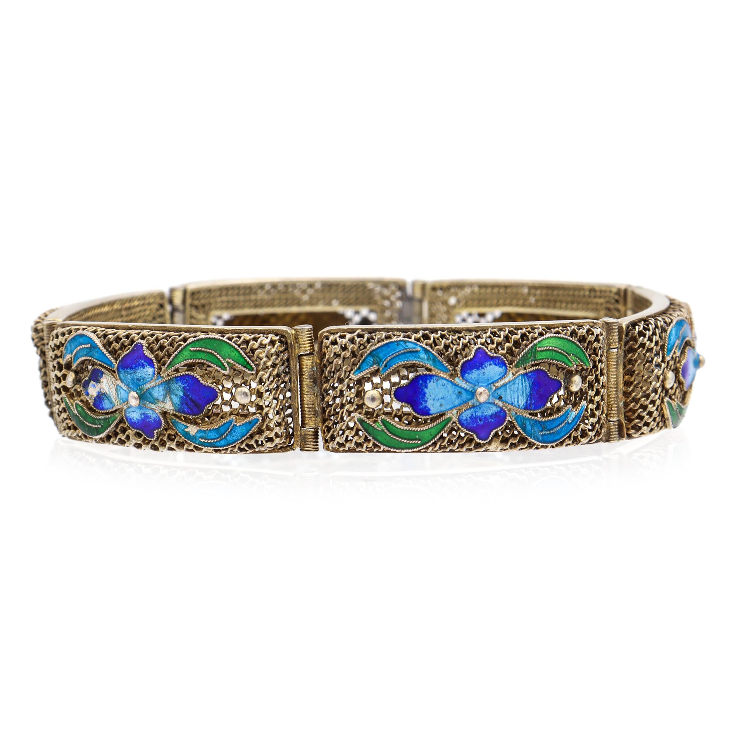 Antique Chinese Export Sterling Silver and Floral Enamel Bracelet