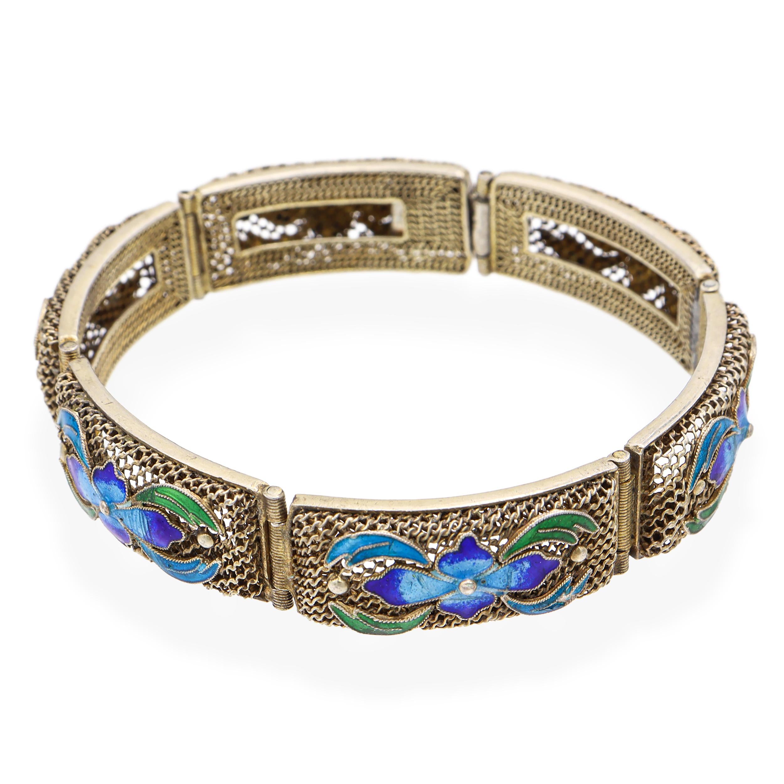 Antique Chinese Export Sterling Silver and Floral Enamel Bracelet