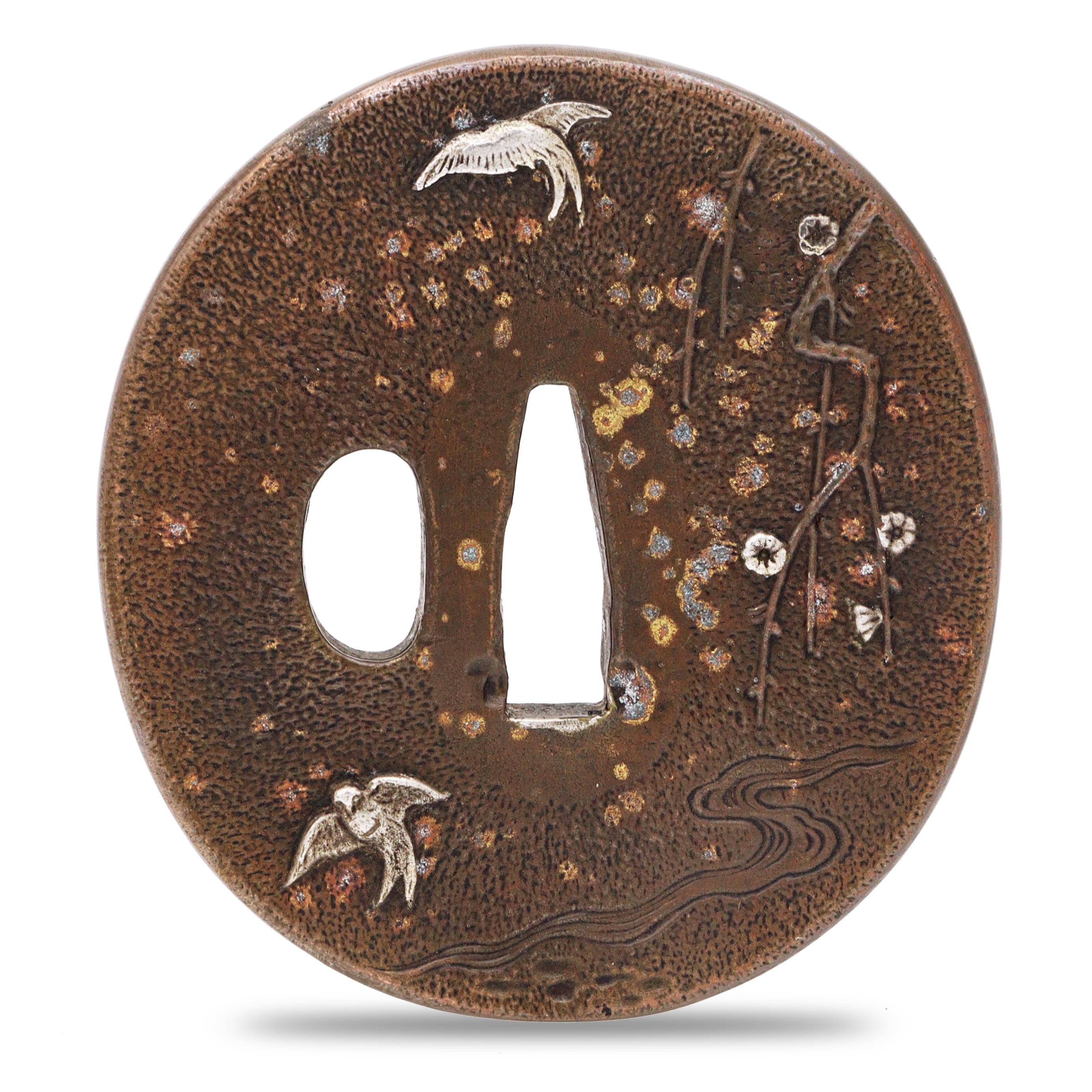 Sword Guard Tsuba Brass Two Birds in Flight Cherry Plum Blossom