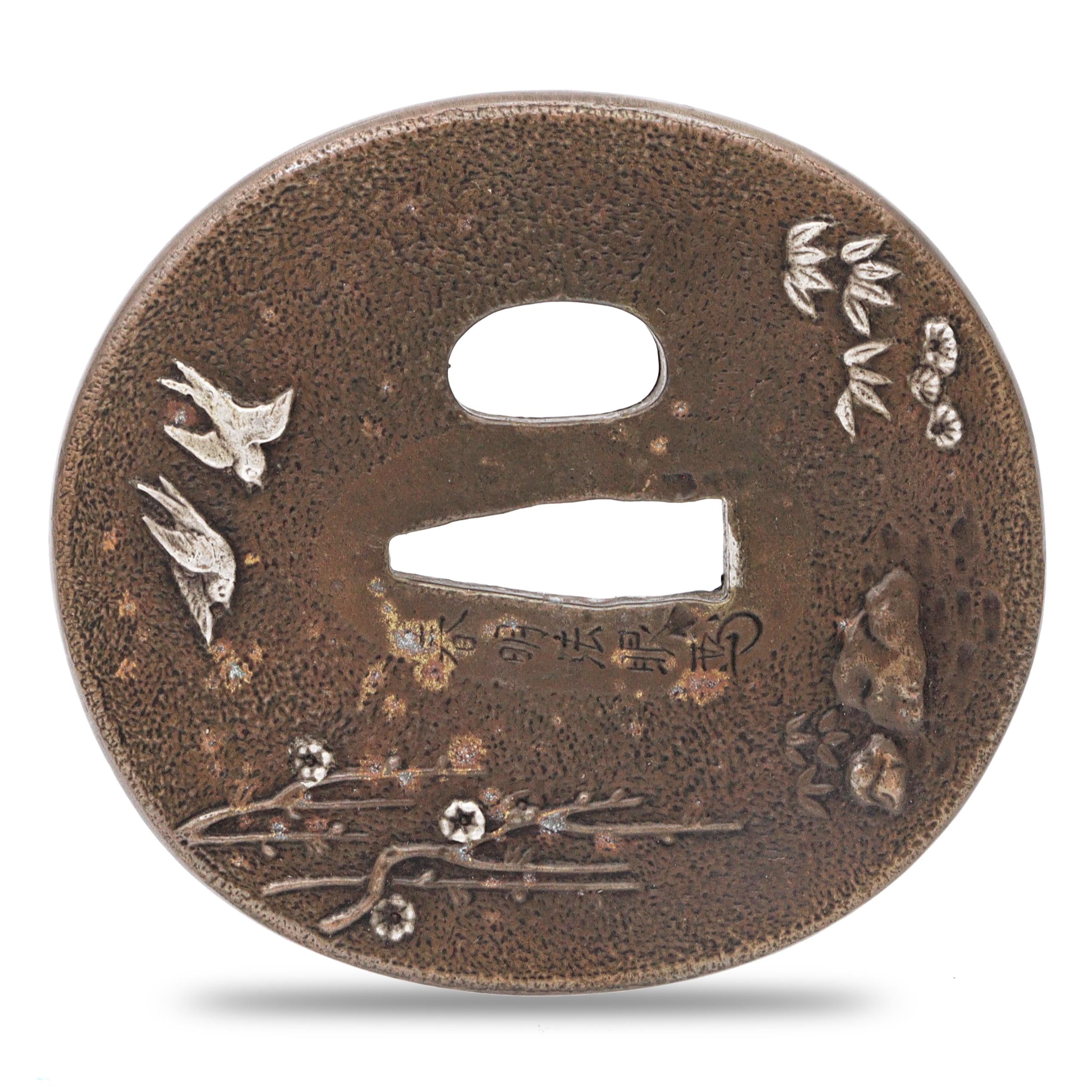 Sword Guard Tsuba Brass Two Birds in Flight Cherry Plum Blossom
