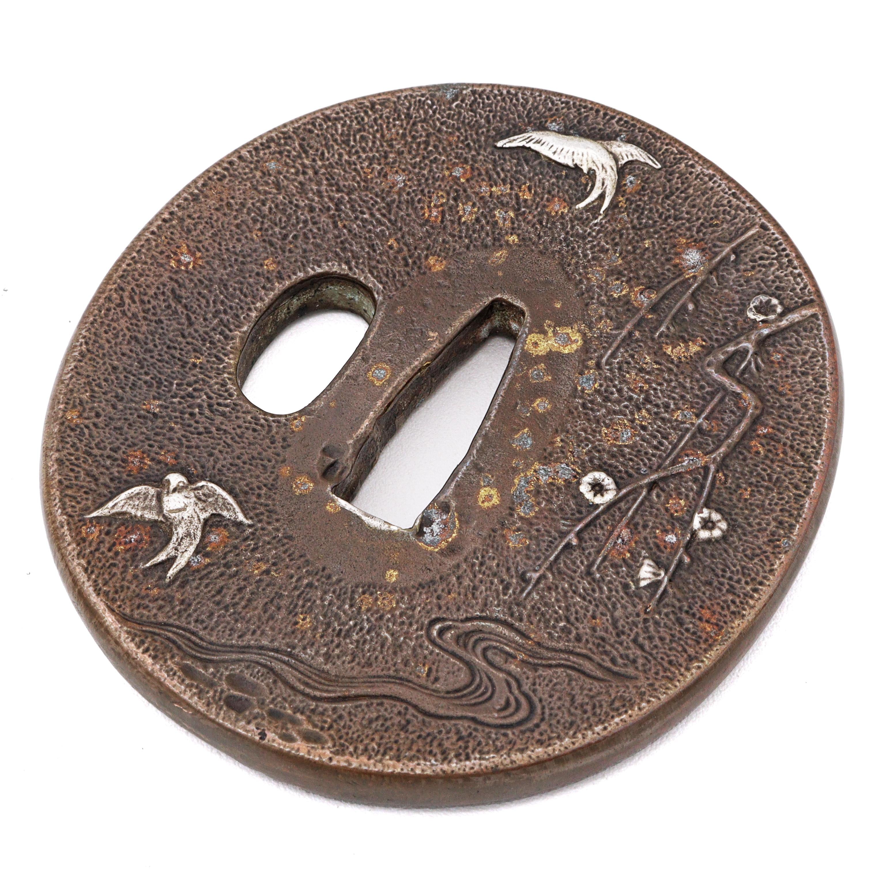 Sword Guard Tsuba Brass Two Birds in Flight Cherry Plum Blossom