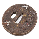 Sword Guard Tsuba Brass Two Birds in Flight Cherry Plum Blossom