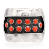 Vintage Sterling Silver and Red Coral Cabochon Wide Cuff Bracelet