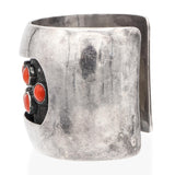 Vintage Sterling Silver and Red Coral Cabochon Wide Cuff Bracelet