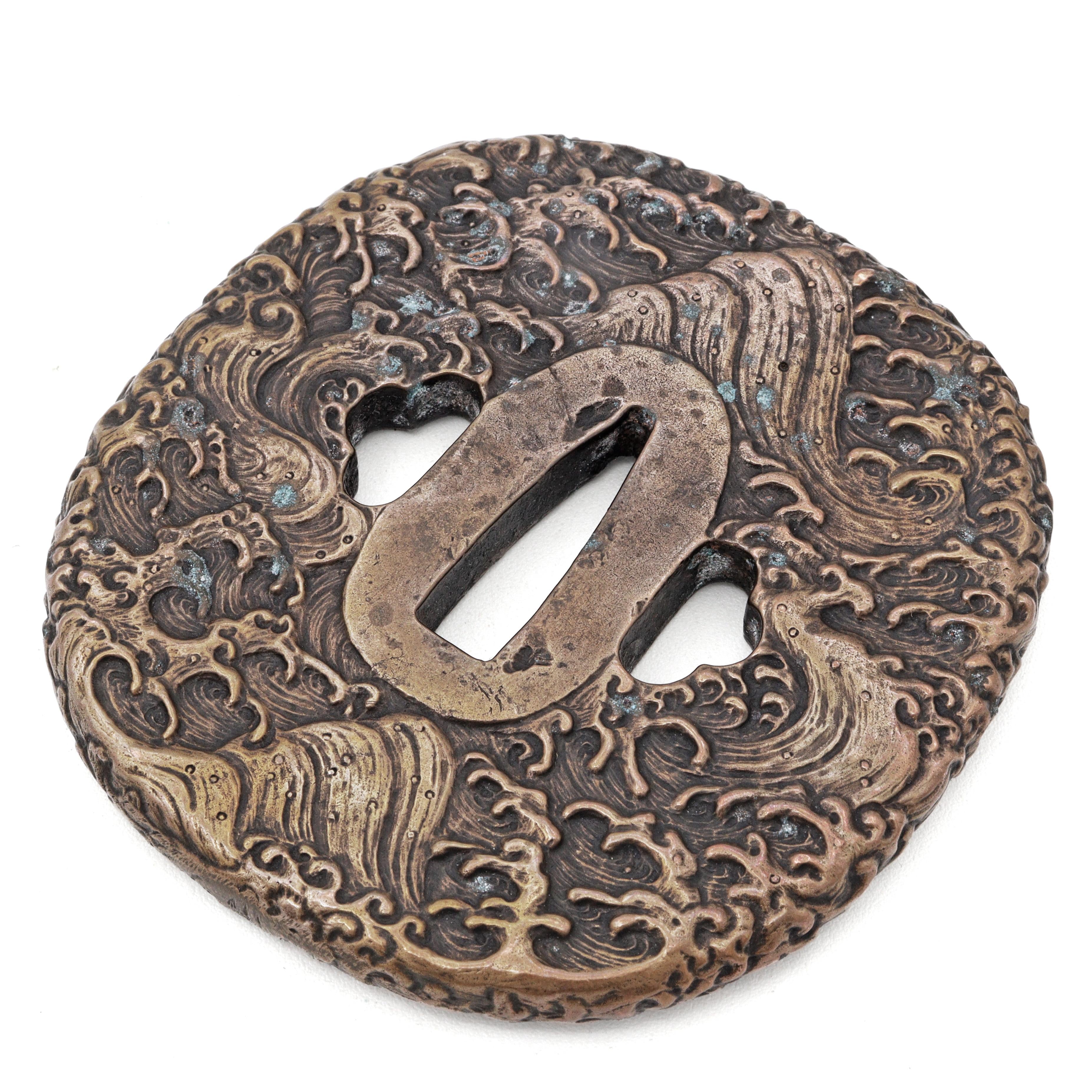 Sword Guard Tsuba Brass Wave pattern, Inscription, Ippōsaku, Minoe