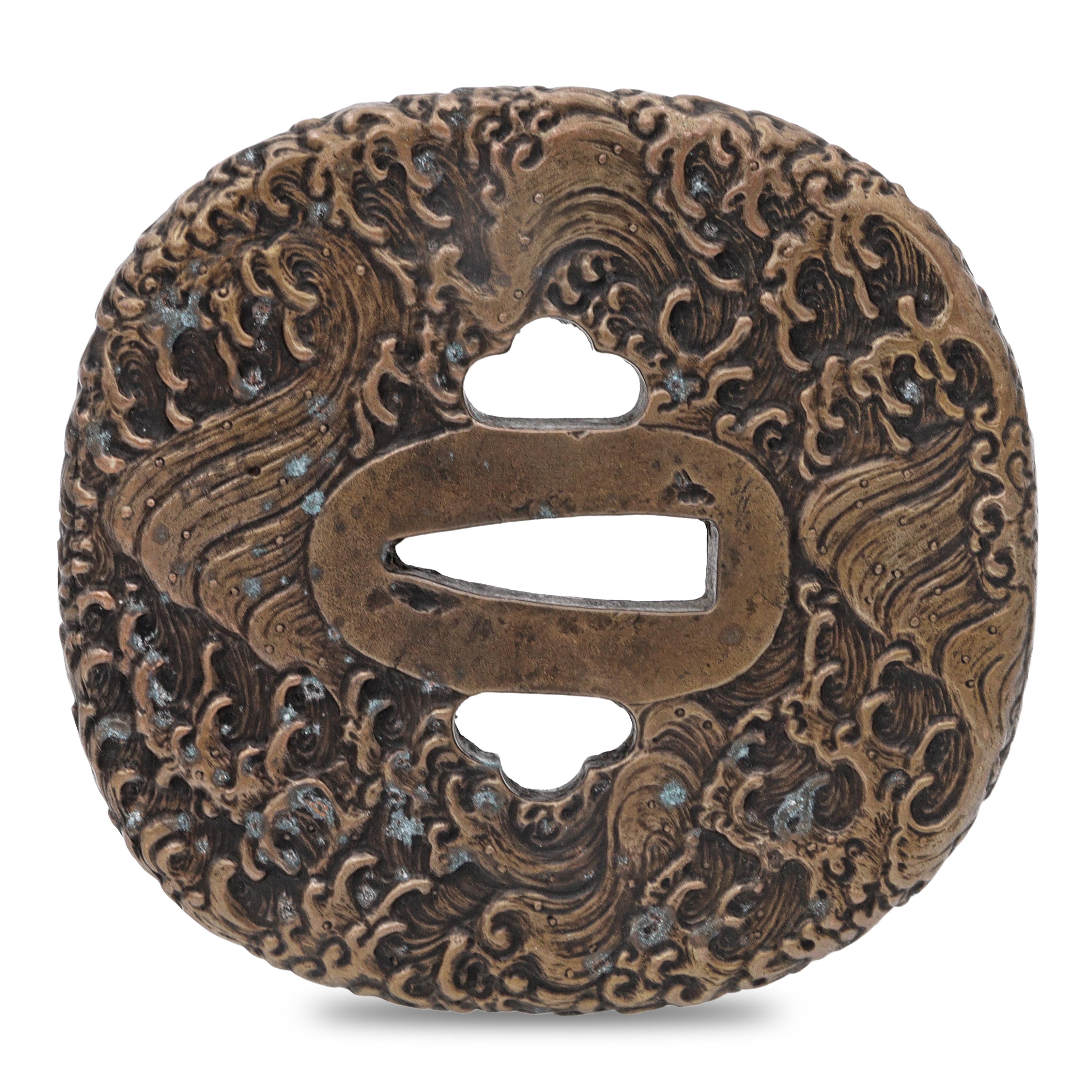 Sword Guard Tsuba Brass Wave pattern, Inscription, Ippōsaku, Minoe