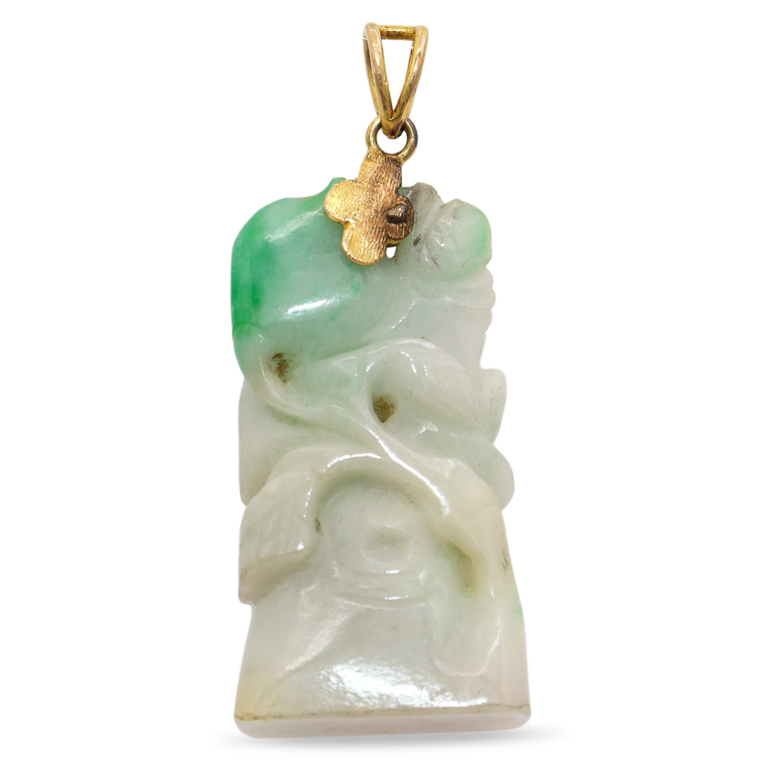 Vintage 14K Yellow Gold and Green Jade Carved Pendant