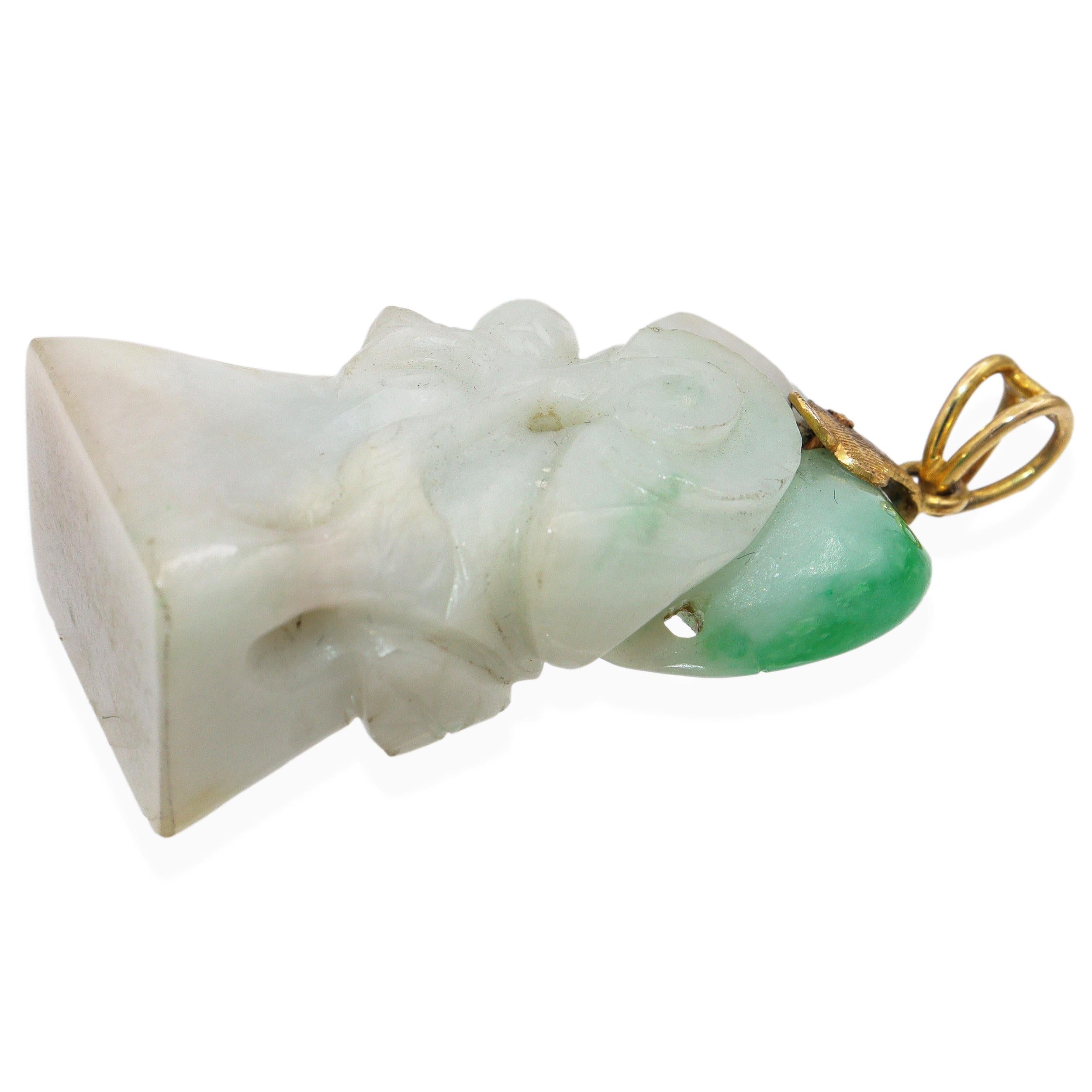 Vintage 14K Yellow Gold and Green Jade Carved Pendant