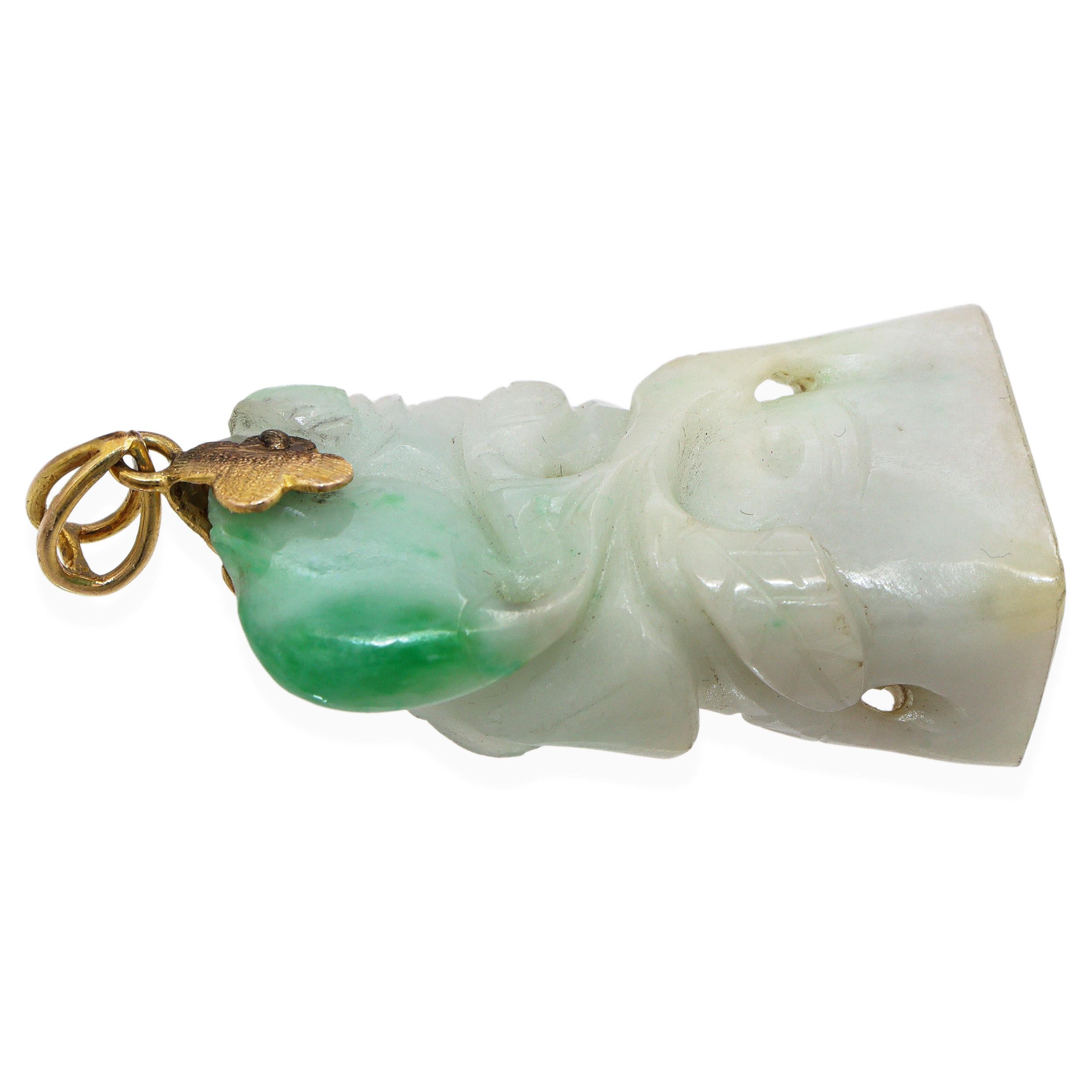 Vintage 14K Yellow Gold and Green Jade Carved Pendant