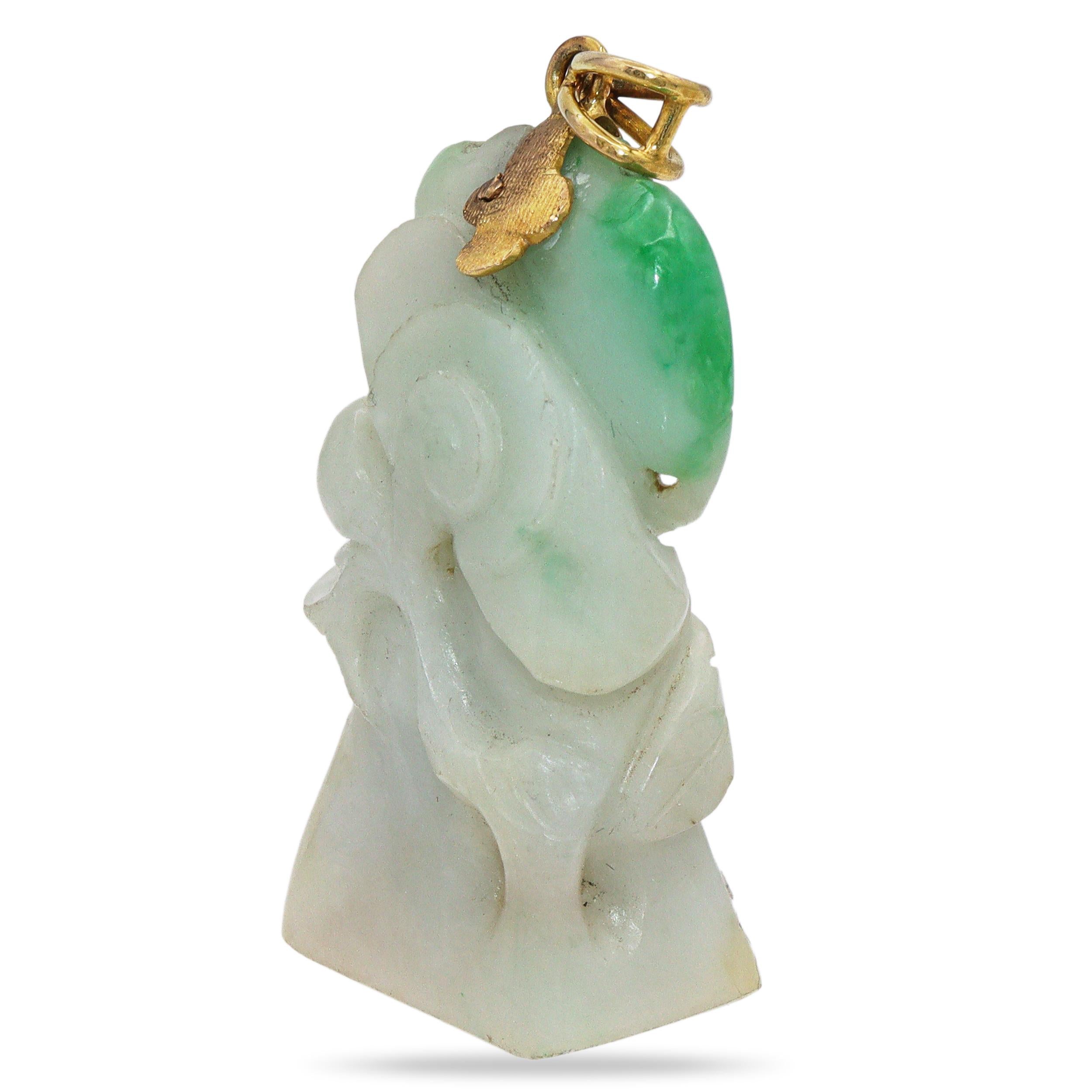 Vintage 14K Yellow Gold and Green Jade Carved Pendant