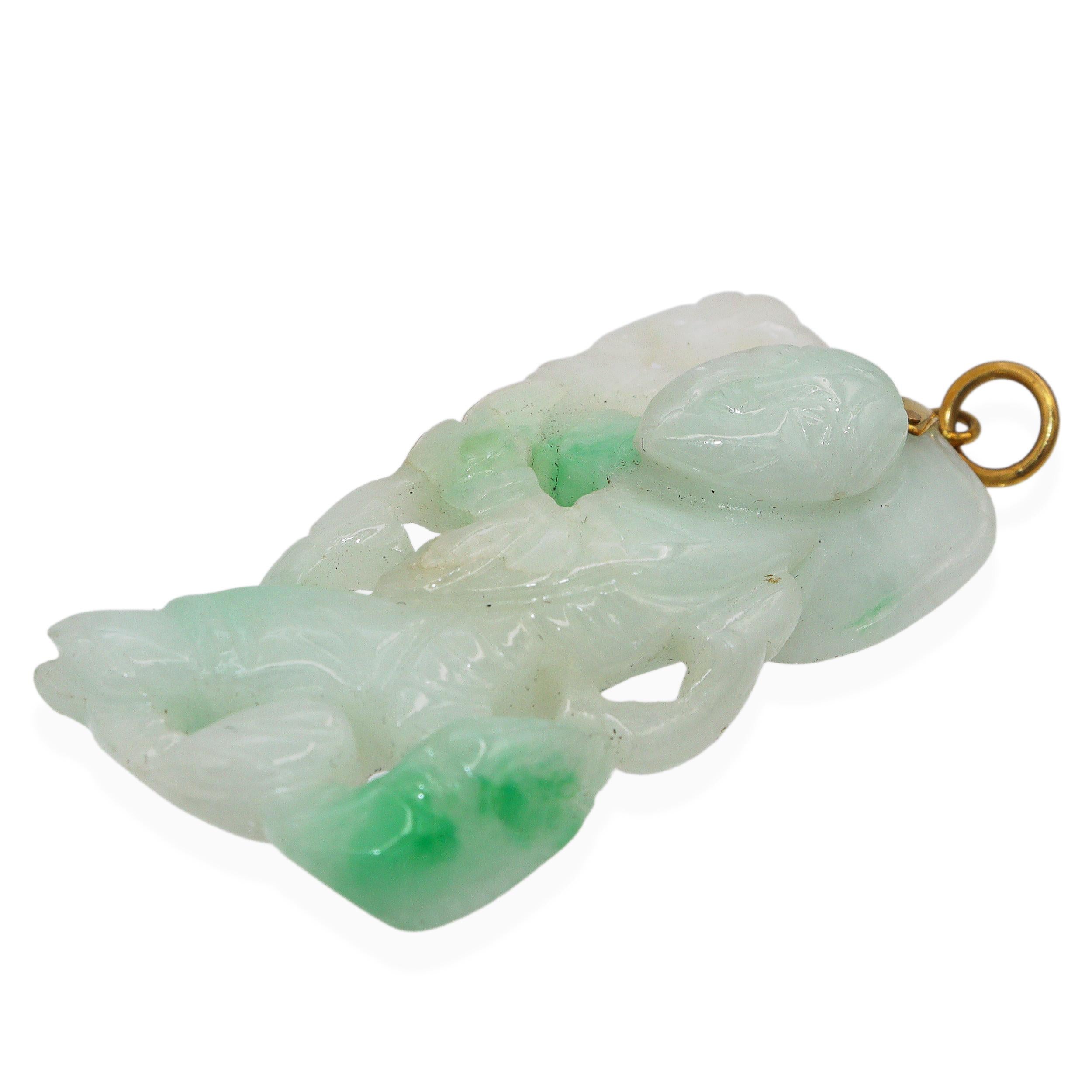 Vintage 14K Yellow Gold Carved Jade Figure Holding Staff Pendant