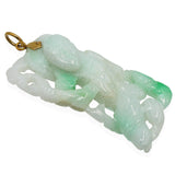 Vintage 14K Yellow Gold Carved Jade Figure Holding Staff Pendant