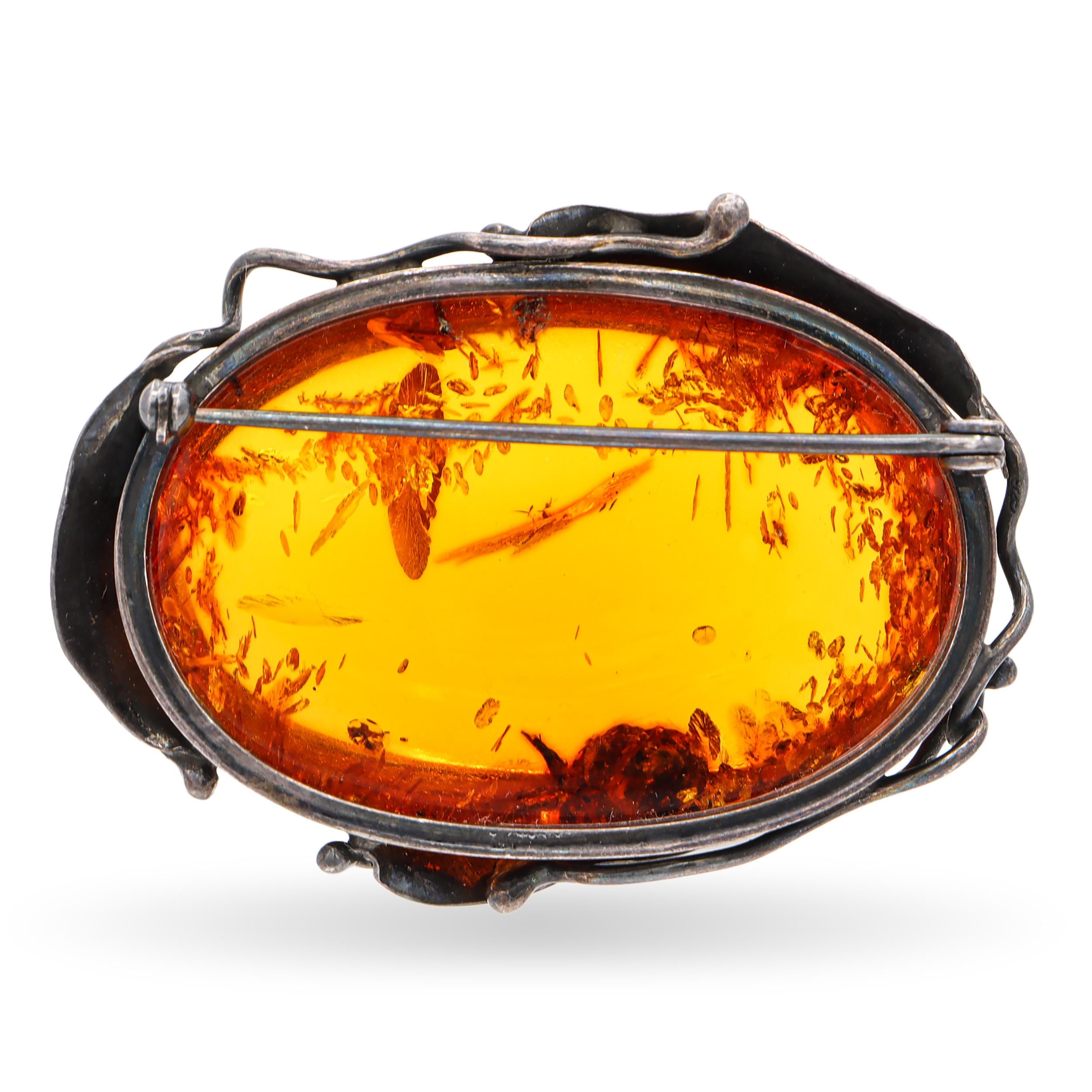 Vintage Sterling Silver Japanese 81.2ct AAA Quality Kuji Amber Floral Brooch