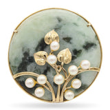 Ming's of Honolulu 14k Yellow Gold Green Jadeite and Pearl Brooch