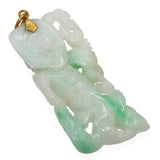 Vintage 14K Yellow Gold Carved Jade Figure Holding Staff Pendant