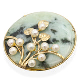 Ming's of Honolulu 14k Yellow Gold Green Jadeite and Pearl Brooch
