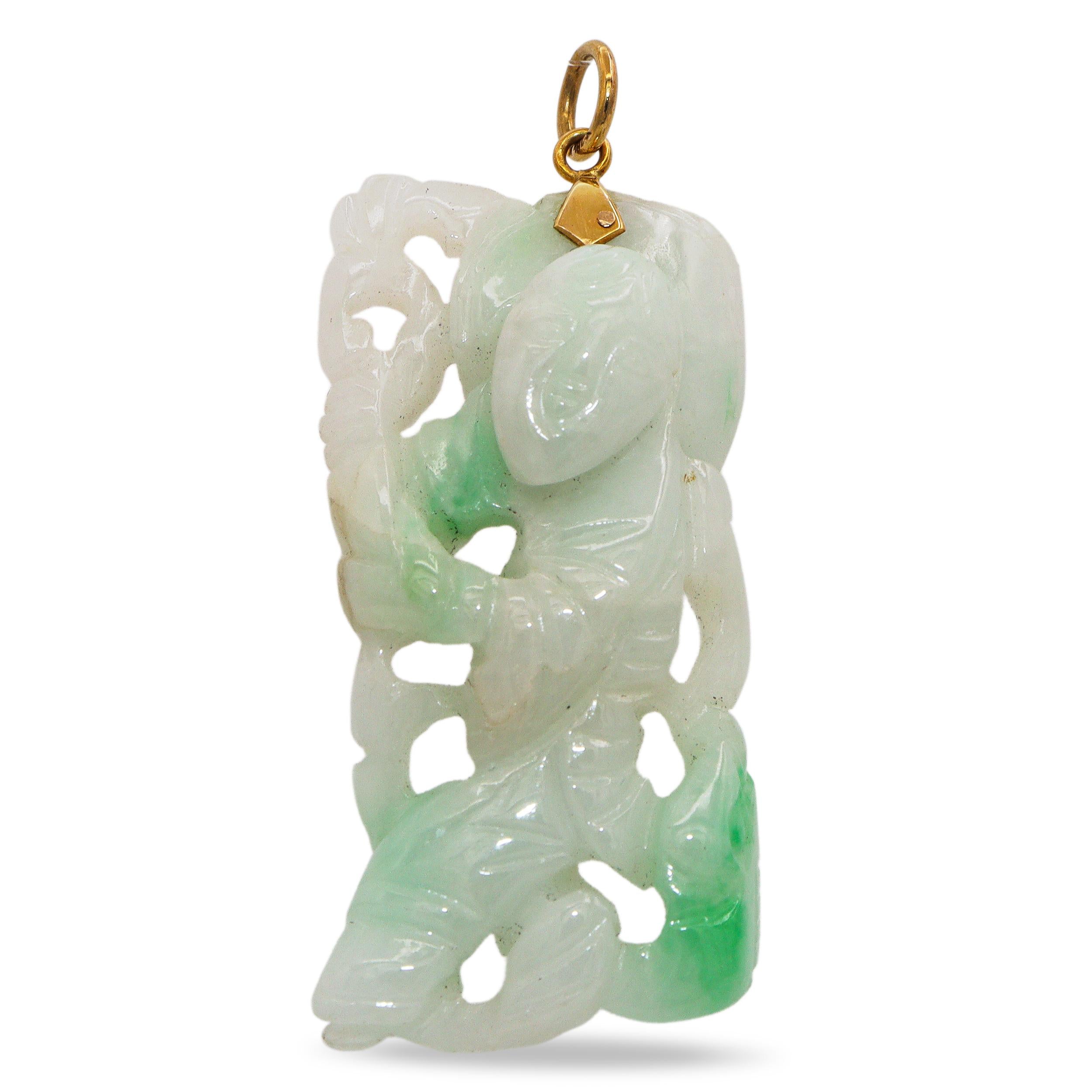 Vintage 14K Yellow Gold Carved Jade Figure Holding Staff Pendant