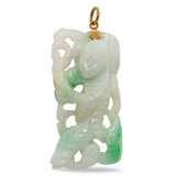 Vintage 14K Yellow Gold Carved Jade Figure Holding Staff Pendant