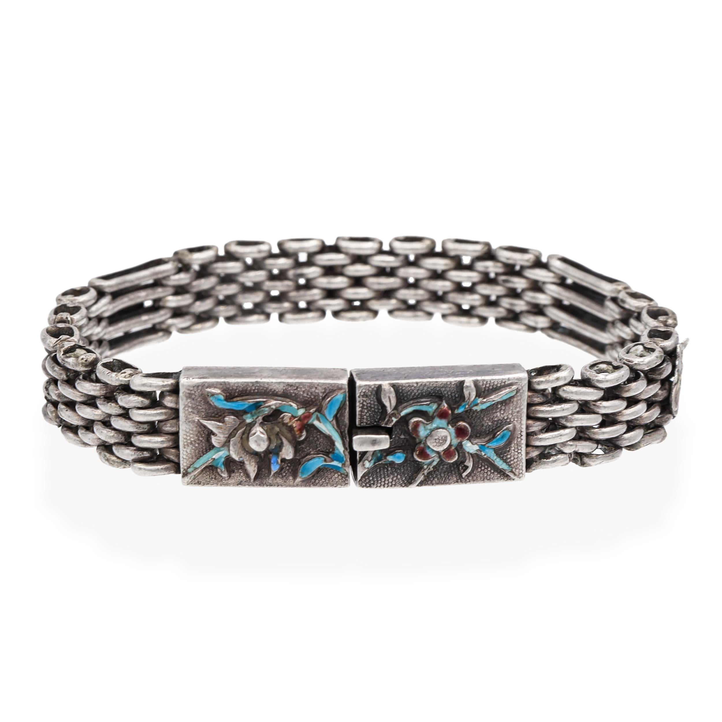 Vintage Sterling Silver Floral Motif and Enamel Multi Link Bracelet