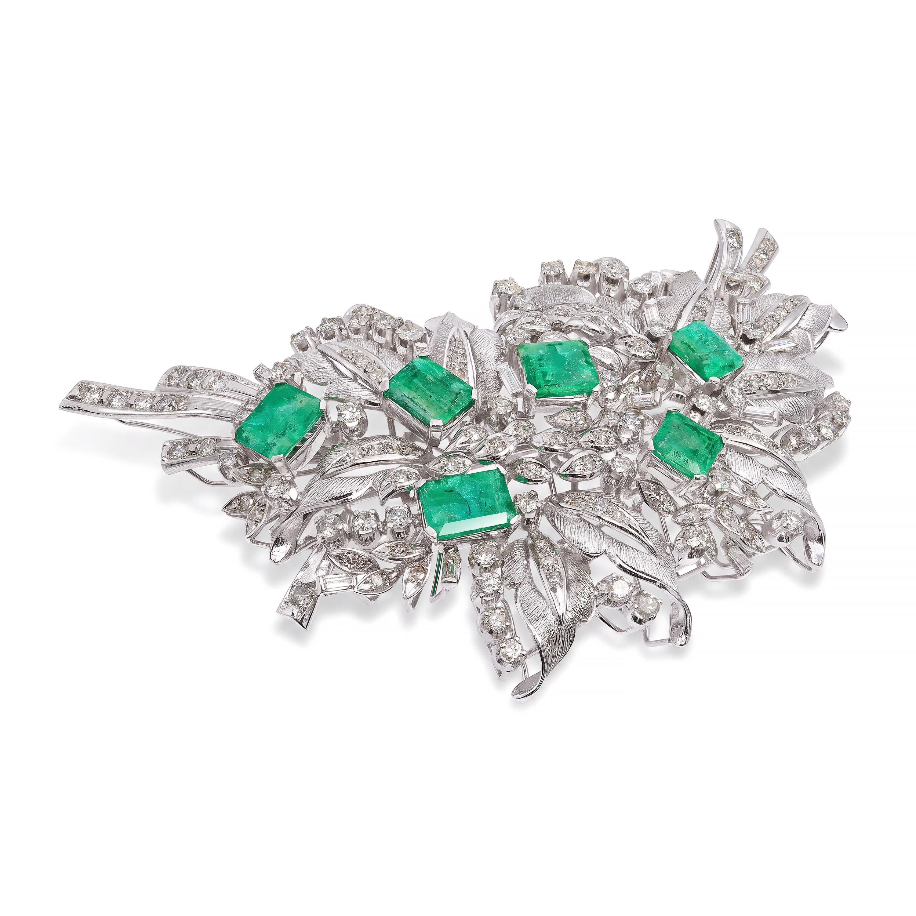 Vintage White Gold Emerald and Diamond Leaf and Ribbon Statement Brooch
