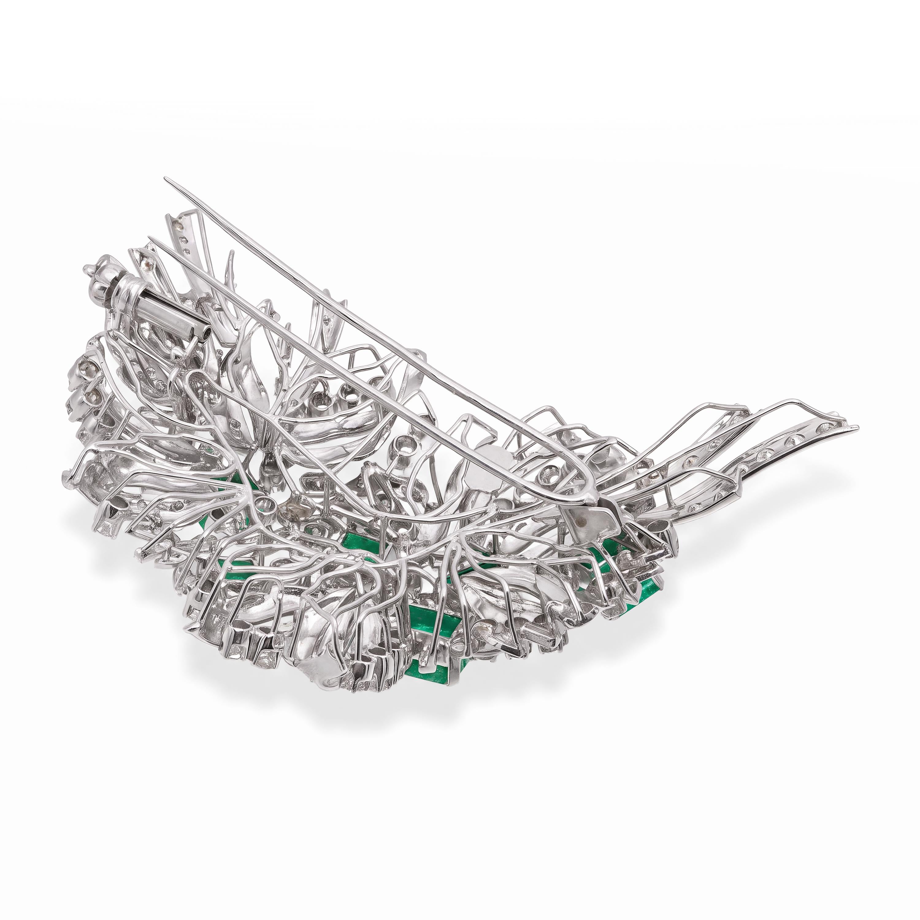 Vintage White Gold Emerald and Diamond Leaf and Ribbon Statement Brooch