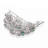 Vintage White Gold Emerald and Diamond Leaf and Ribbon Statement Brooch