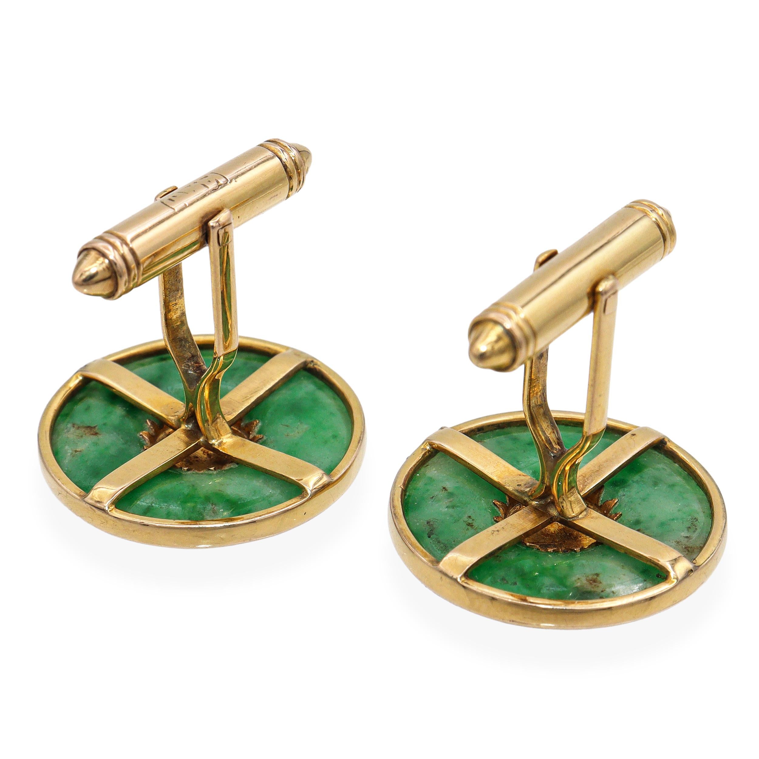 Vintage 12k Yellow Gold Jade Donut Longevity and Good Fortune Cufflinks