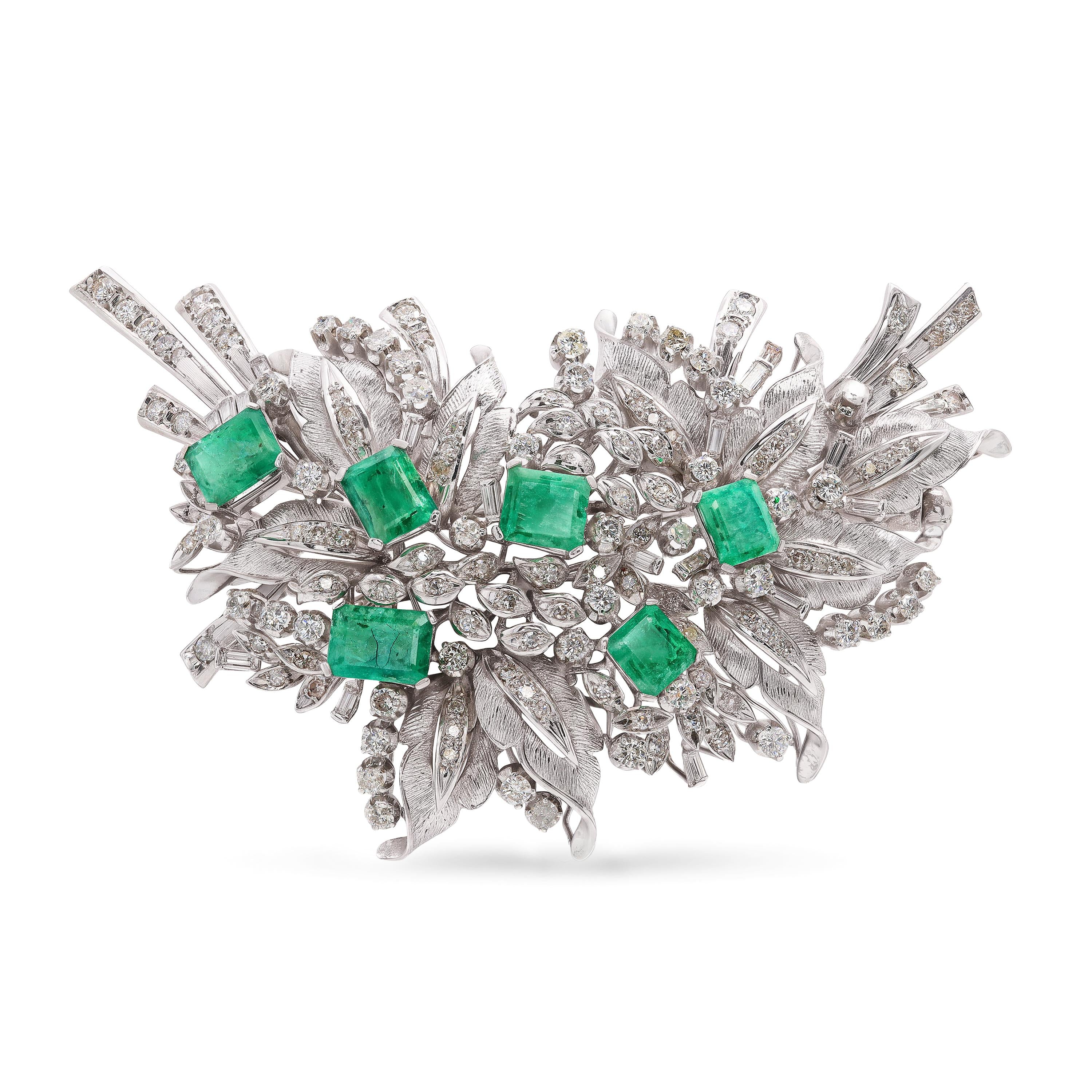 Vintage White Gold Emerald and Diamond Leaf and Ribbon Statement Brooch